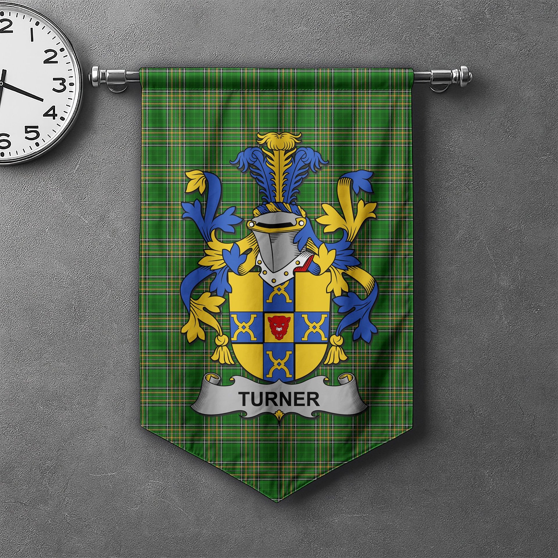 ScotsTee Shop Irish Turner Clan Coat of Arms Irish Tartan Gonfalon Flag