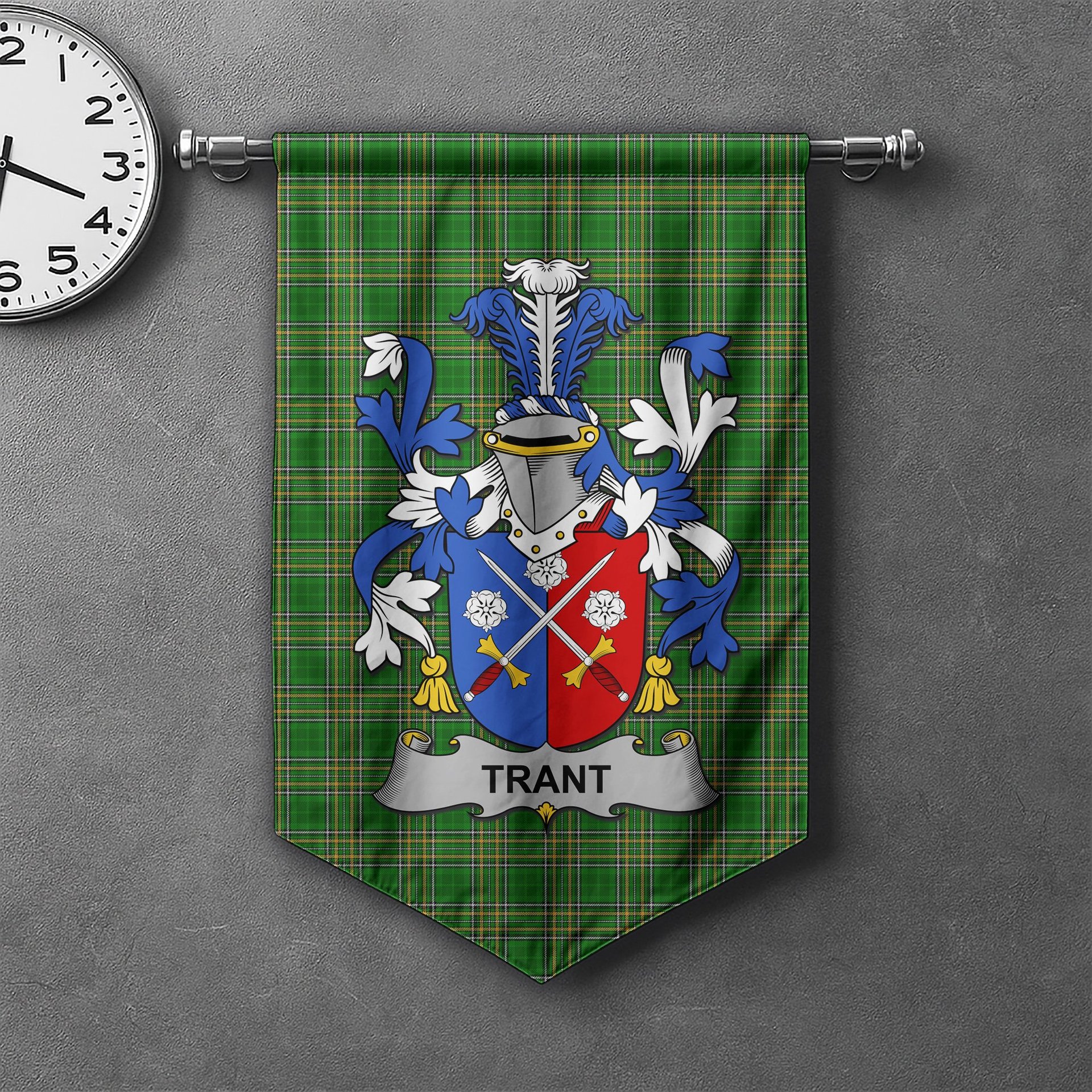 ScotsTee Shop Irish Trant or Trent Clan Coat of Arms Irish Tartan Gonfalon Flag