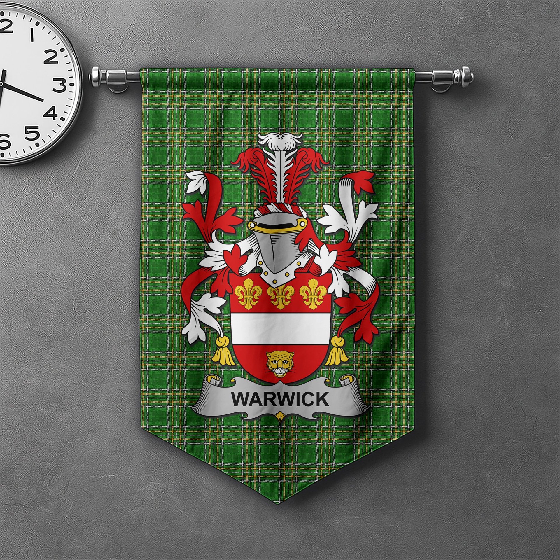 ScotsTee Shop Irish Warwick Clan Coat of Arms Irish Tartan Gonfalon Flag