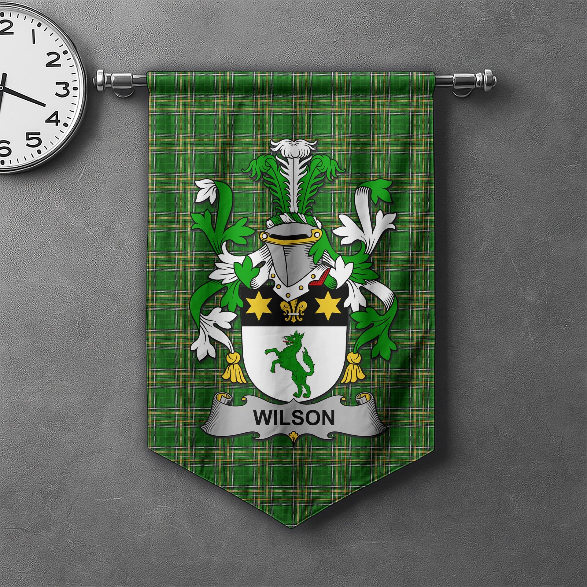 ScotsTee Shop Irish Wilson Clan Coat of Arms Irish Tartan Gonfalon Flag