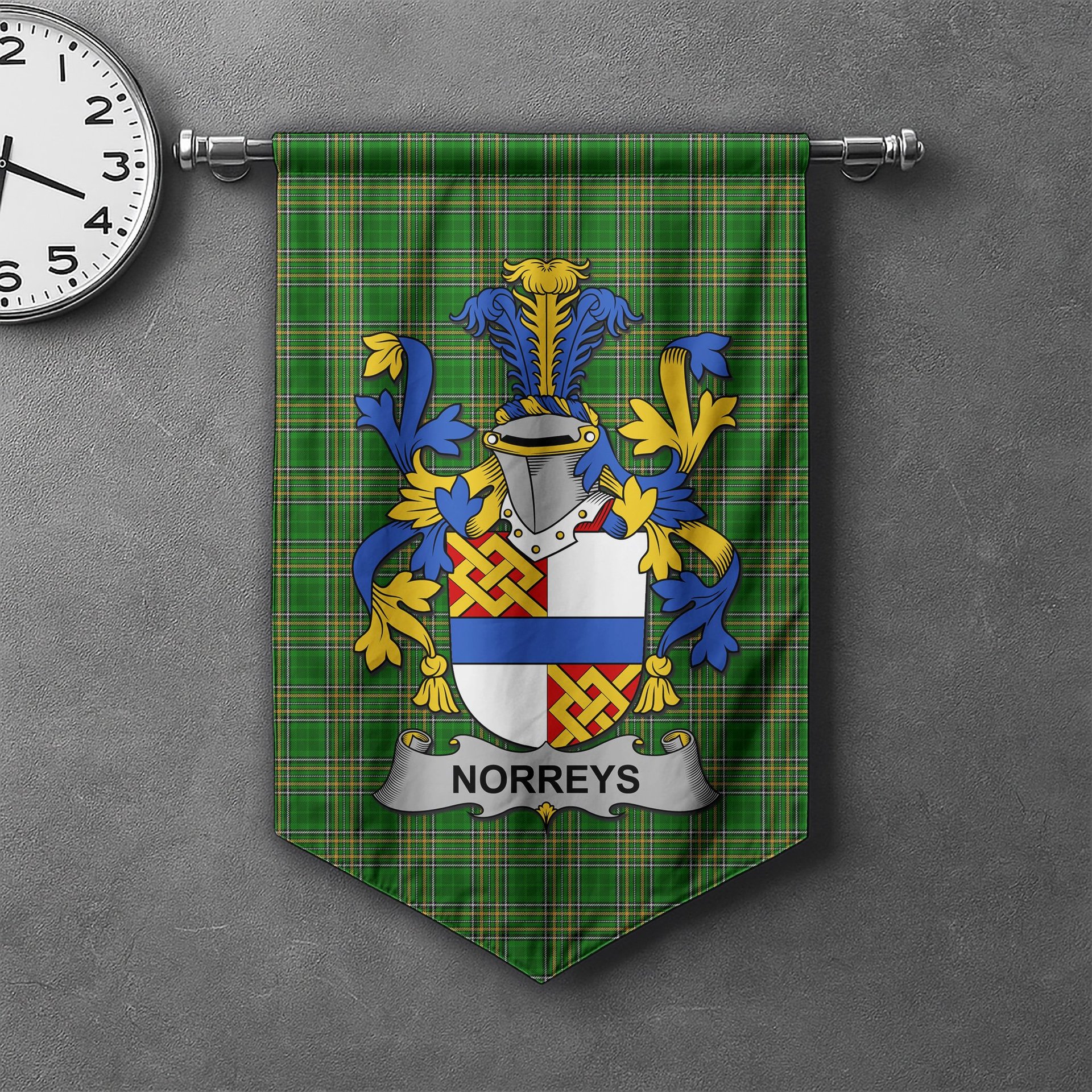ScotsTee Shop Irish Norreys Clan Coat of Arms Irish Tartan Gonfalon Flag