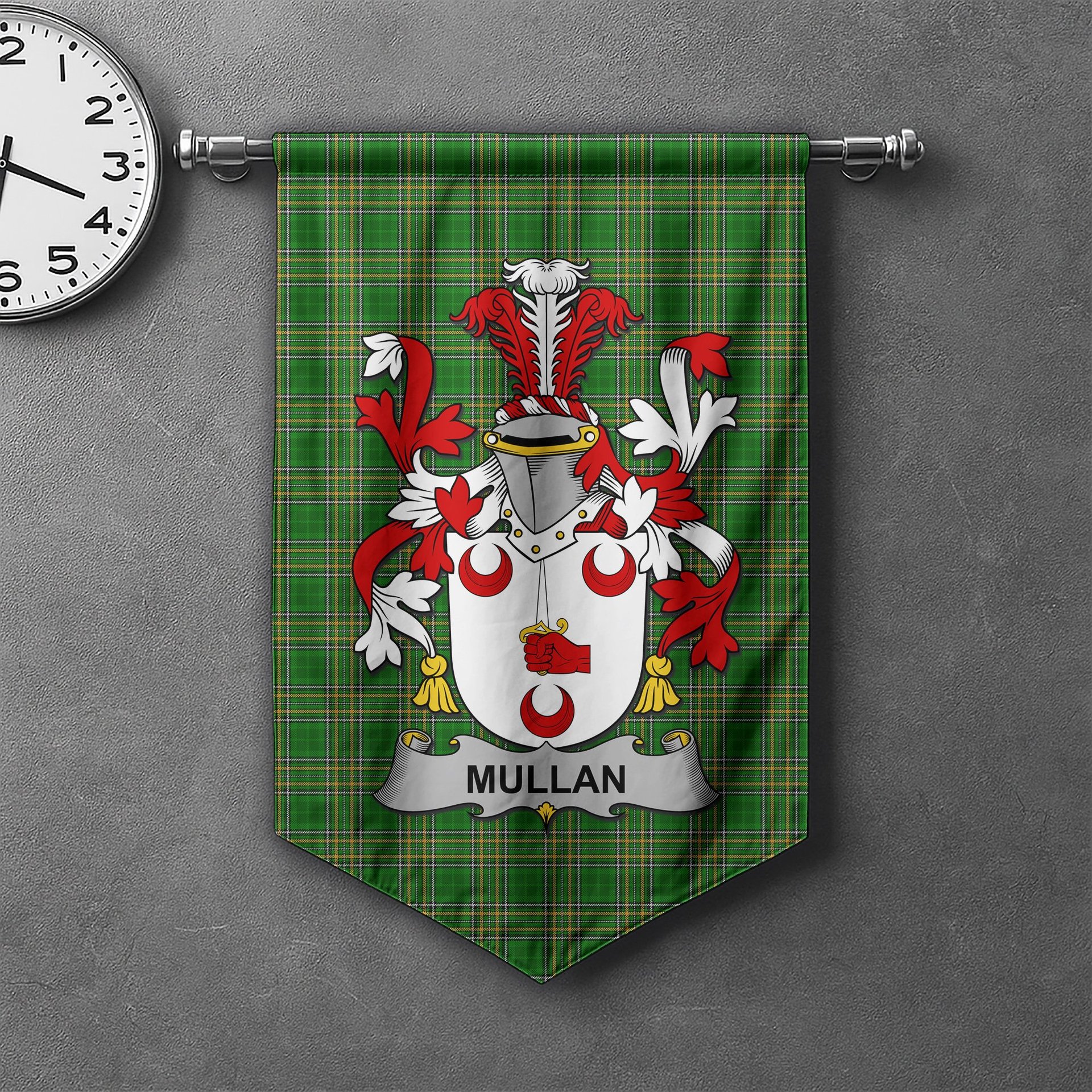 ScotsTee Shop Irish Mullan Clan Coat of Arms Irish Tartan Gonfalon Flag