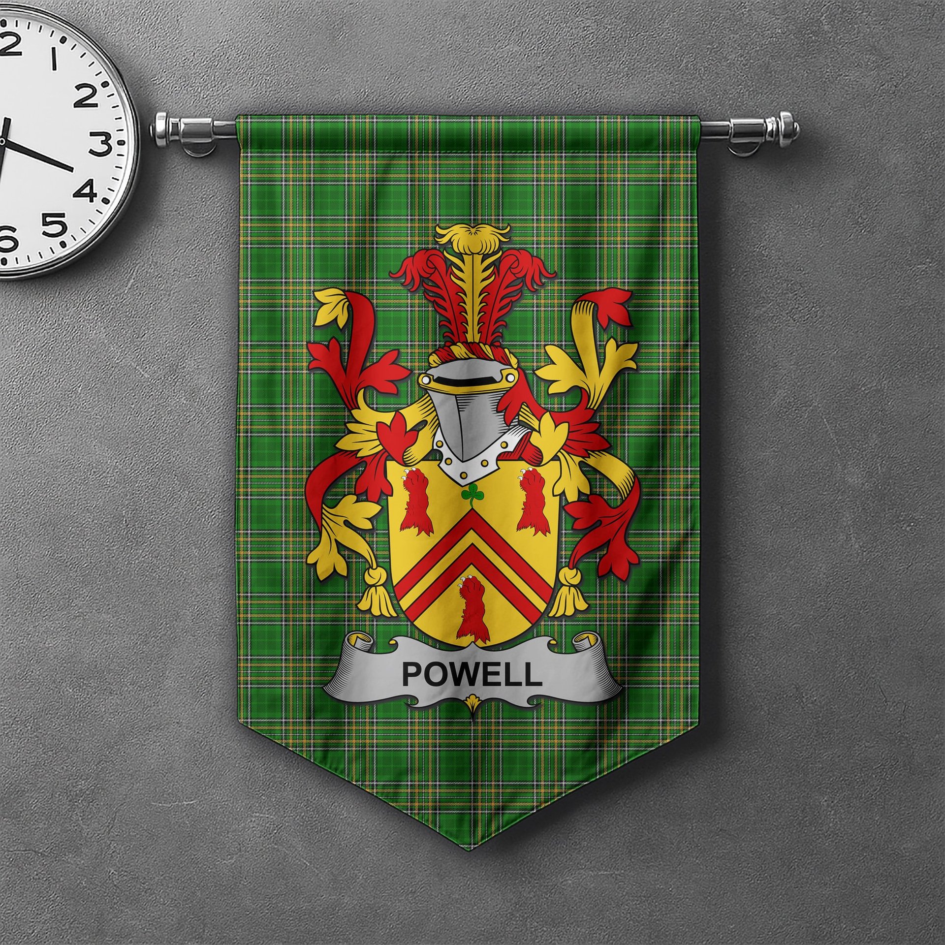 ScotsTee Shop Irish Powell Clan Coat of Arms Irish Tartan Gonfalon Flag