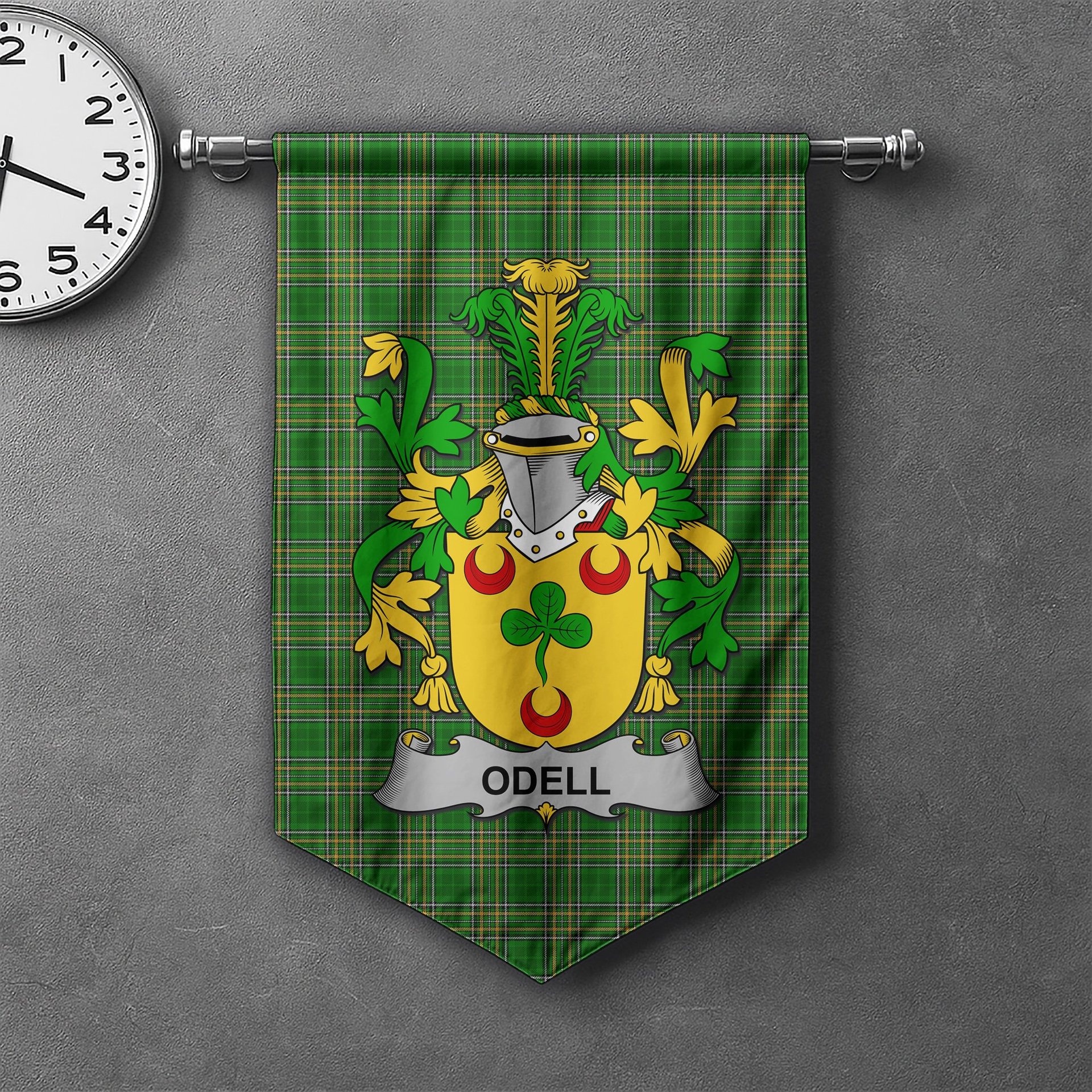 ScotsTee Shop Irish Odell Clan Coat of Arms Irish Tartan Gonfalon Flag