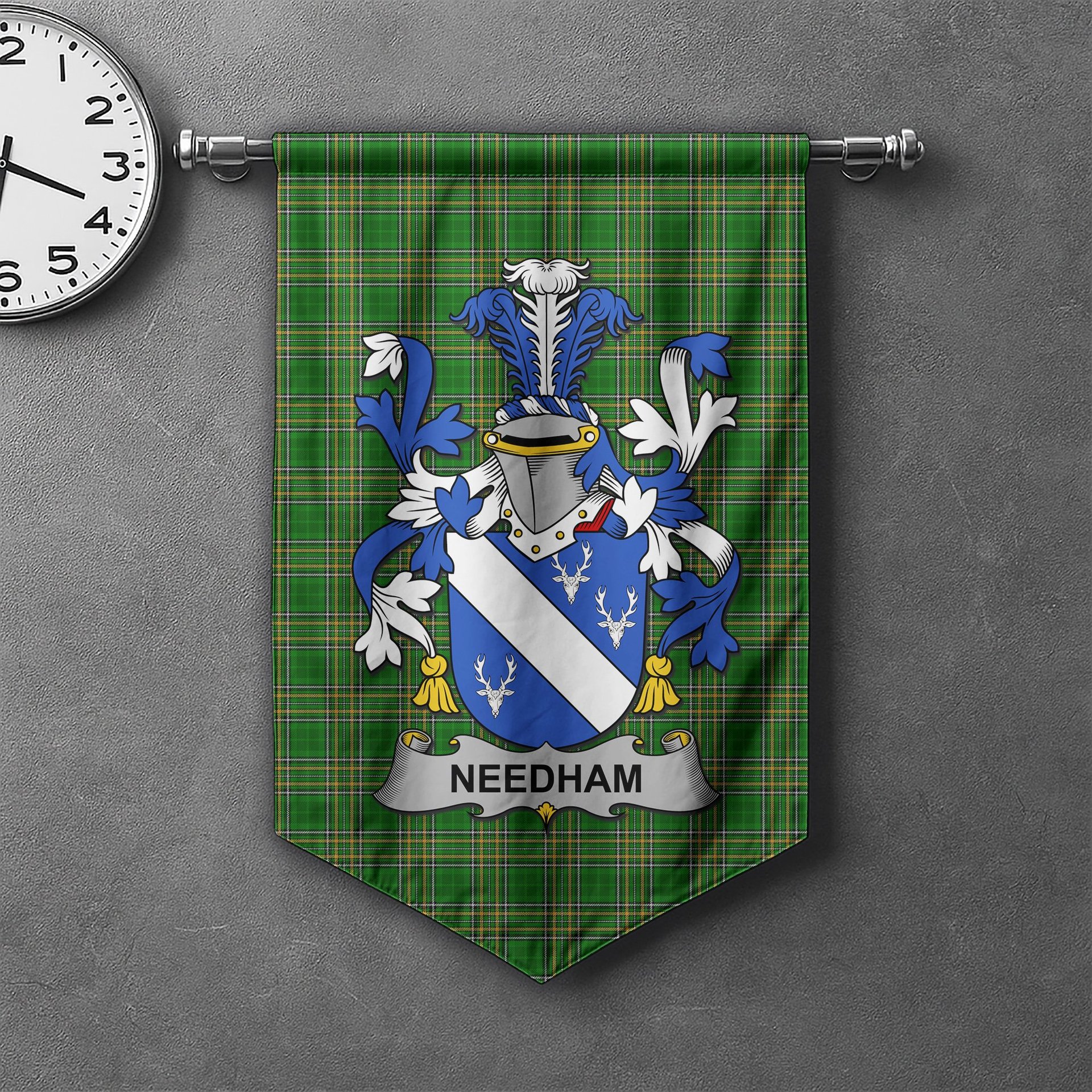 ScotsTee Shop Irish Needham or O'Nee Clan Coat of Arms Irish Tartan Gonfalon Flag