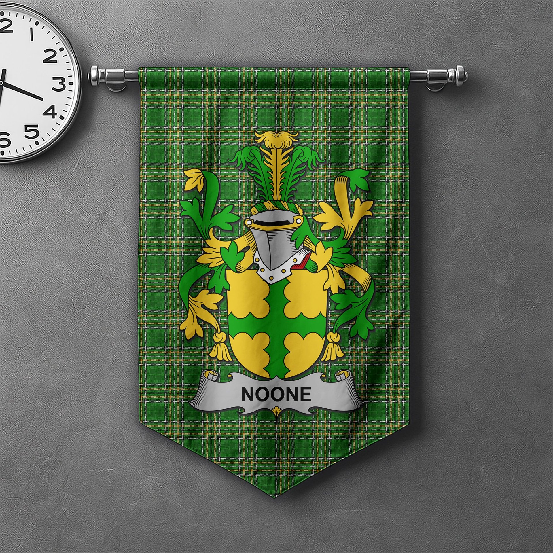 ScotsTee Shop Irish Noone or O'Noone Clan Coat of Arms Irish Tartan Gonfalon Flag