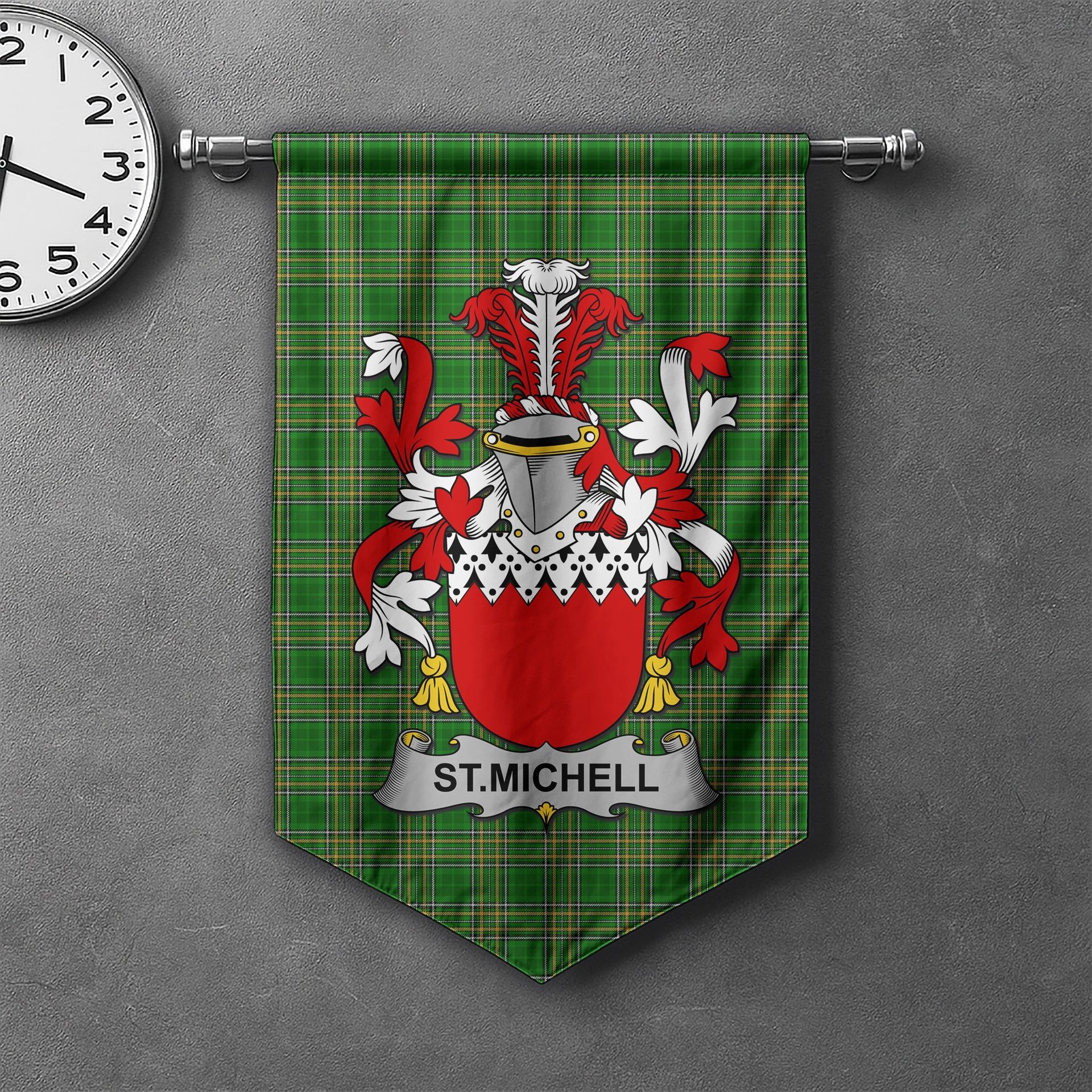 ScotsTee Shop Irish St.Michell Clan Coat of Arms Irish Tartan Gonfalon Flag