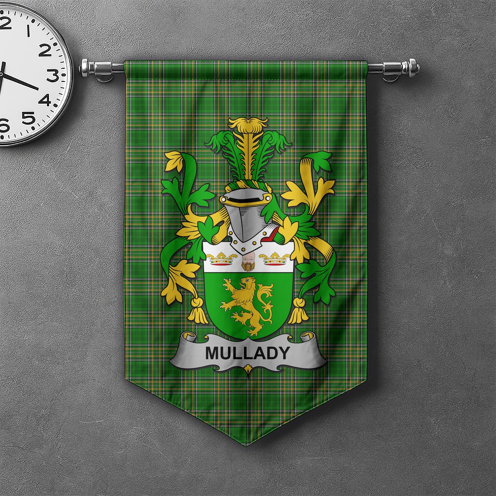 ScotsTee Shop Irish Mullady or O'Mullady Clan Coat of Arms Irish Tartan Gonfalon Flag
