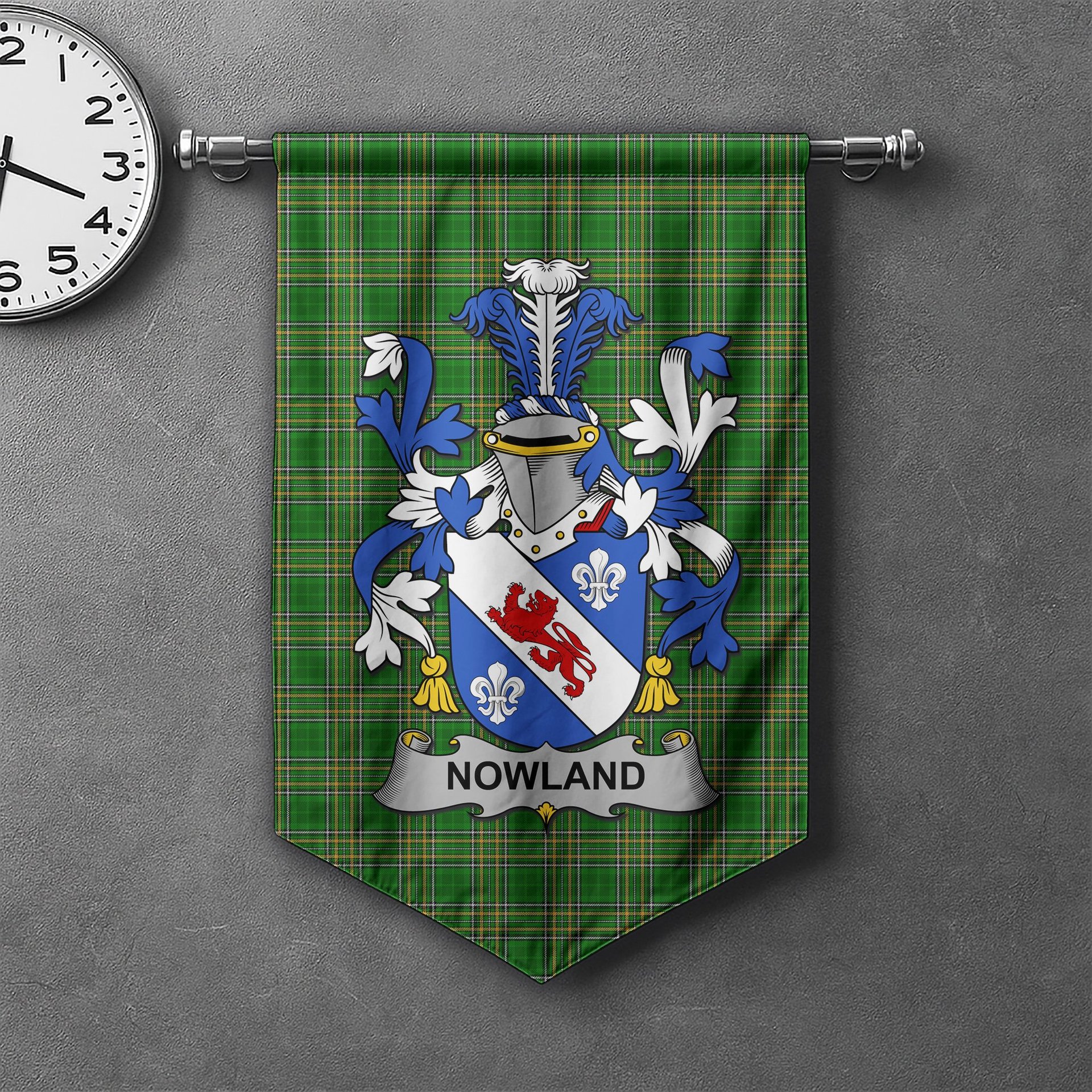 ScotsTee Shop Irish Nowland Clan Coat of Arms Irish Tartan Gonfalon Flag