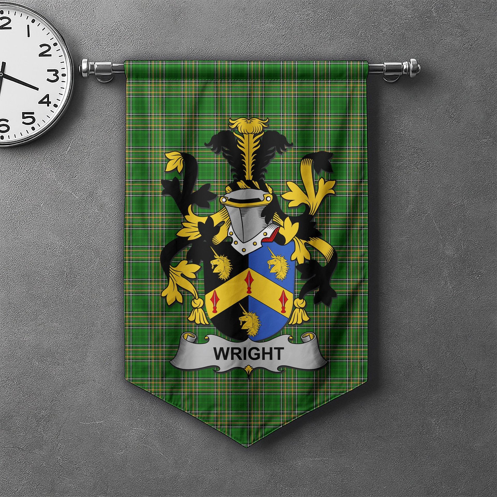 ScotsTee Shop Irish Wright Clan Coat of Arms Irish Tartan Gonfalon Flag