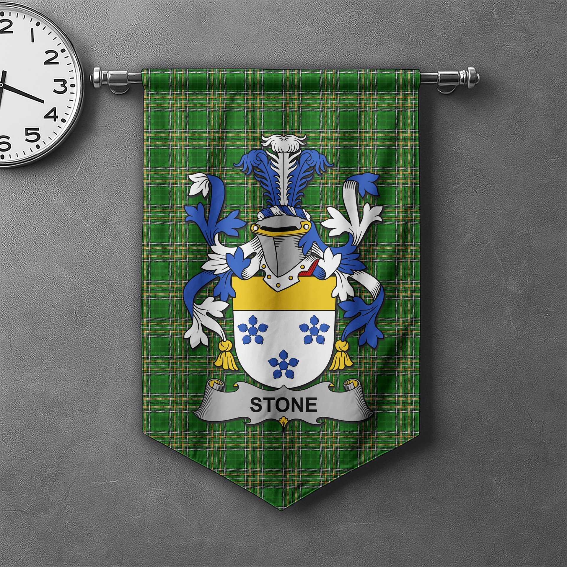 ScotsTee Shop Irish Stone Clan Coat of Arms Irish Tartan Gonfalon Flag