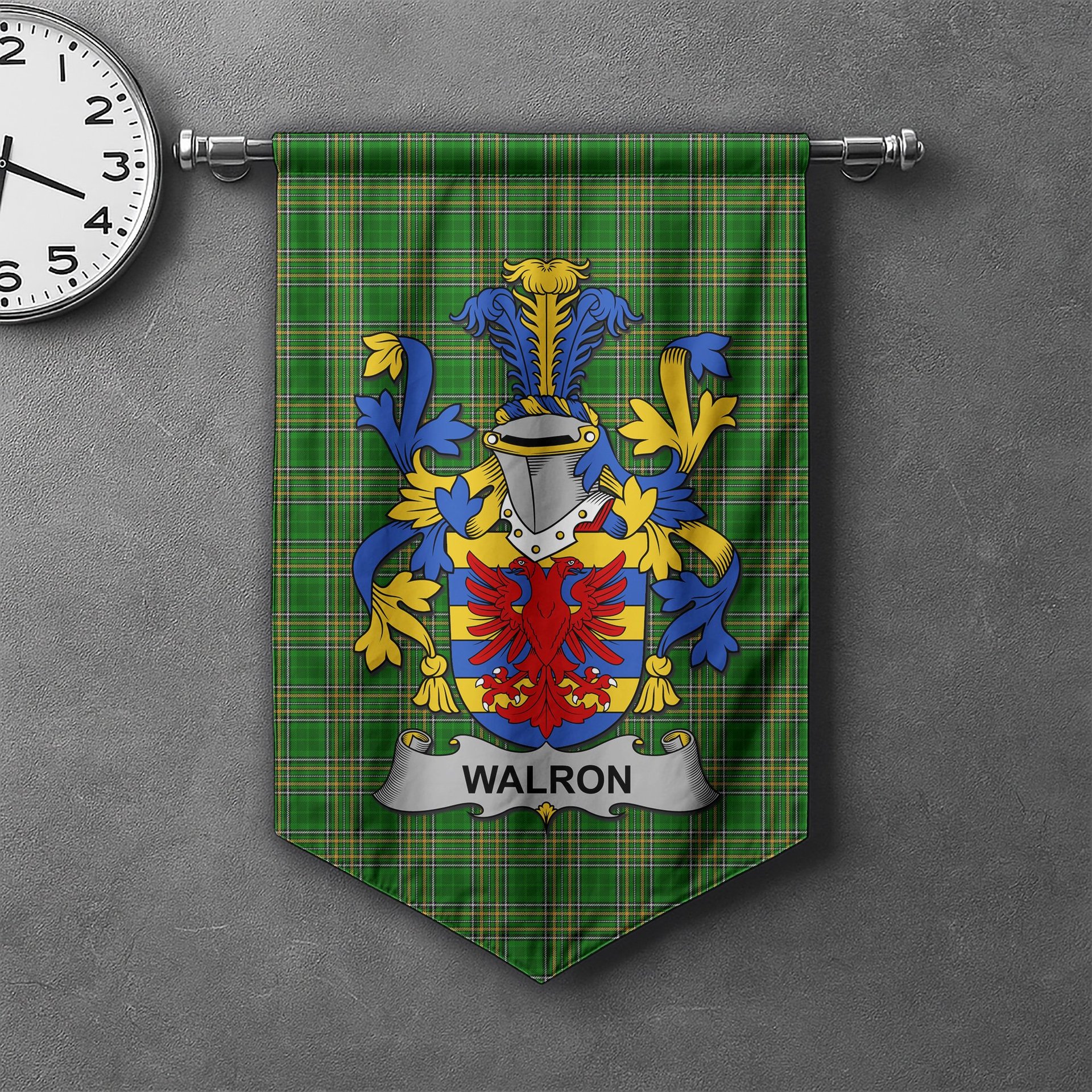 ScotsTee Shop Irish Walron Clan Coat of Arms Irish Tartan Gonfalon Flag