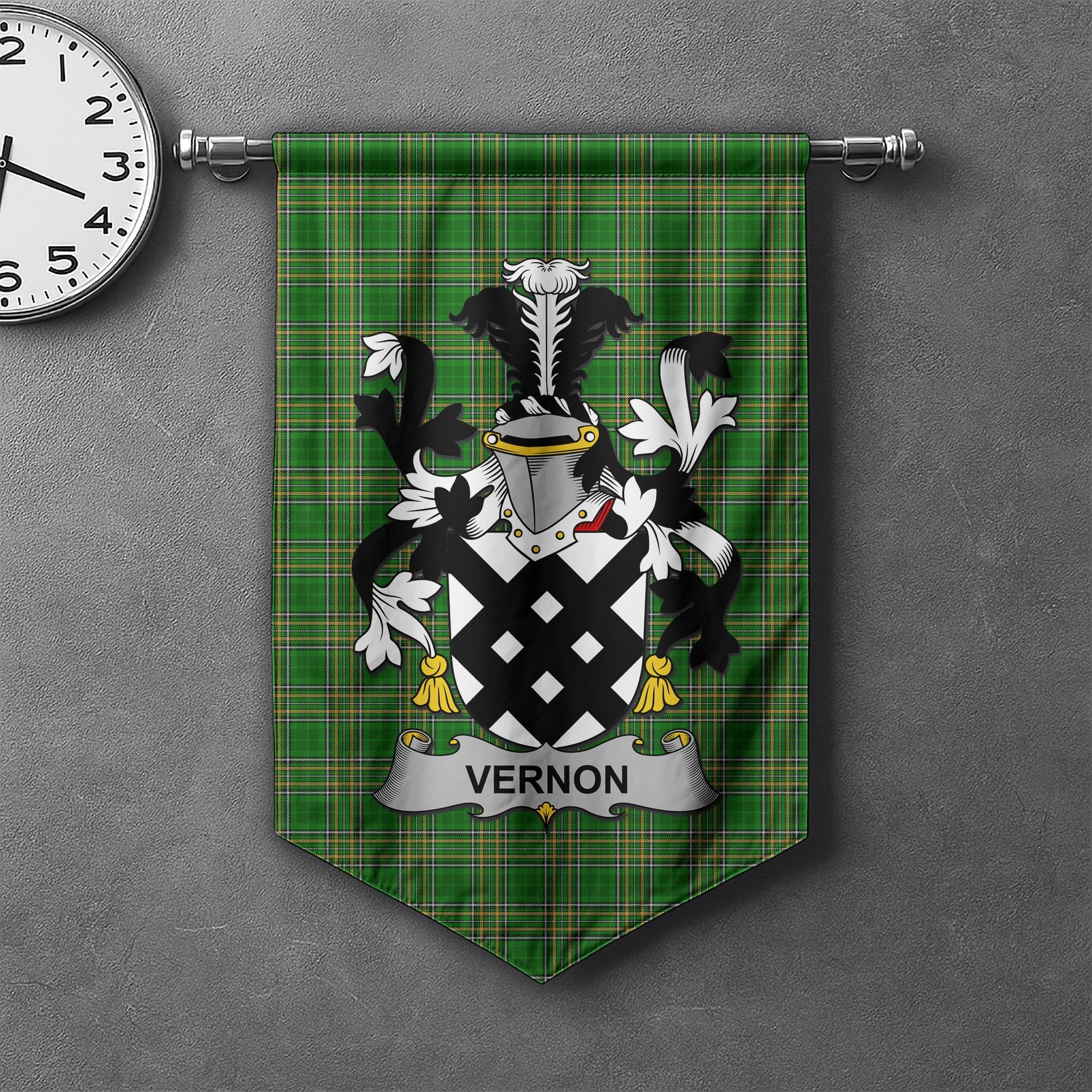 ScotsTee Shop Irish Vernon Clan Coat of Arms Irish Tartan Gonfalon Flag