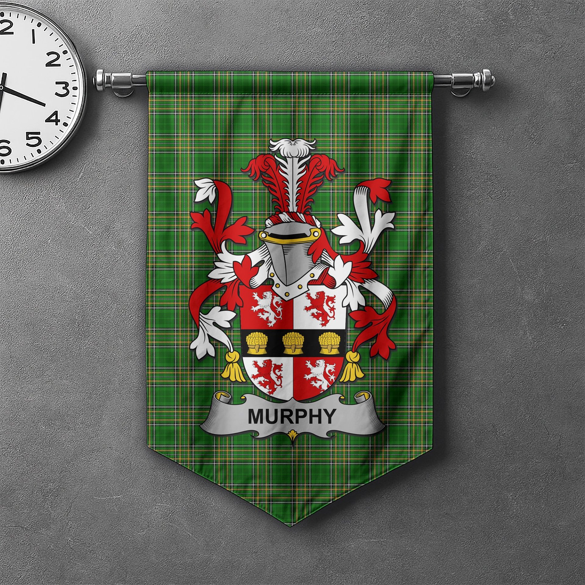 ScotsTee Shop Irish Murphy (Muskerry) Clan Coat of Arms Irish Tartan Gonfalon Flag