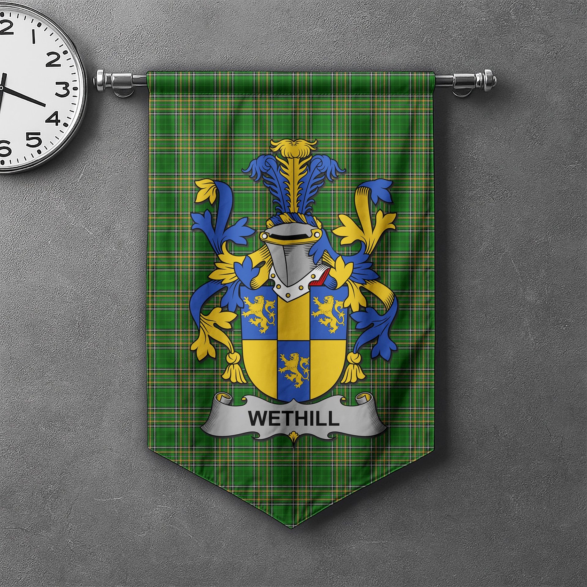 ScotsTee Shop Irish Wethill Clan Coat of Arms Irish Tartan Gonfalon Flag