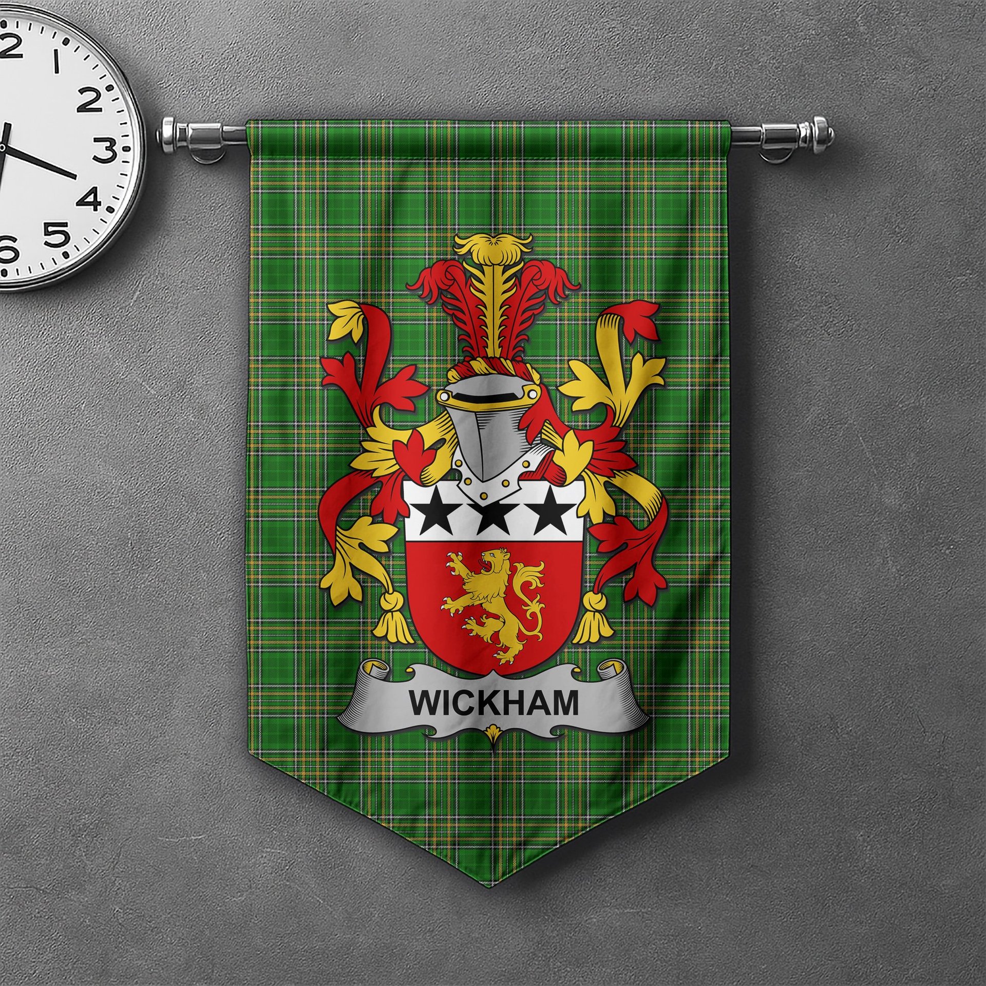 ScotsTee Shop Irish Wickham Clan Coat of Arms Irish Tartan Gonfalon Flag