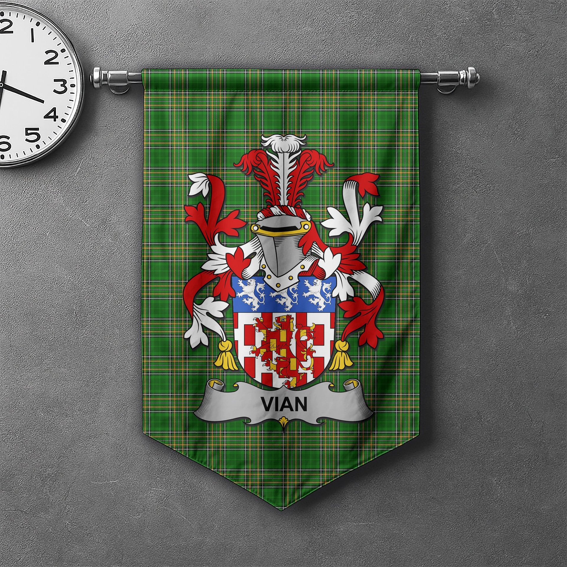 ScotsTee Shop Irish Vian Clan Coat of Arms Irish Tartan Gonfalon Flag