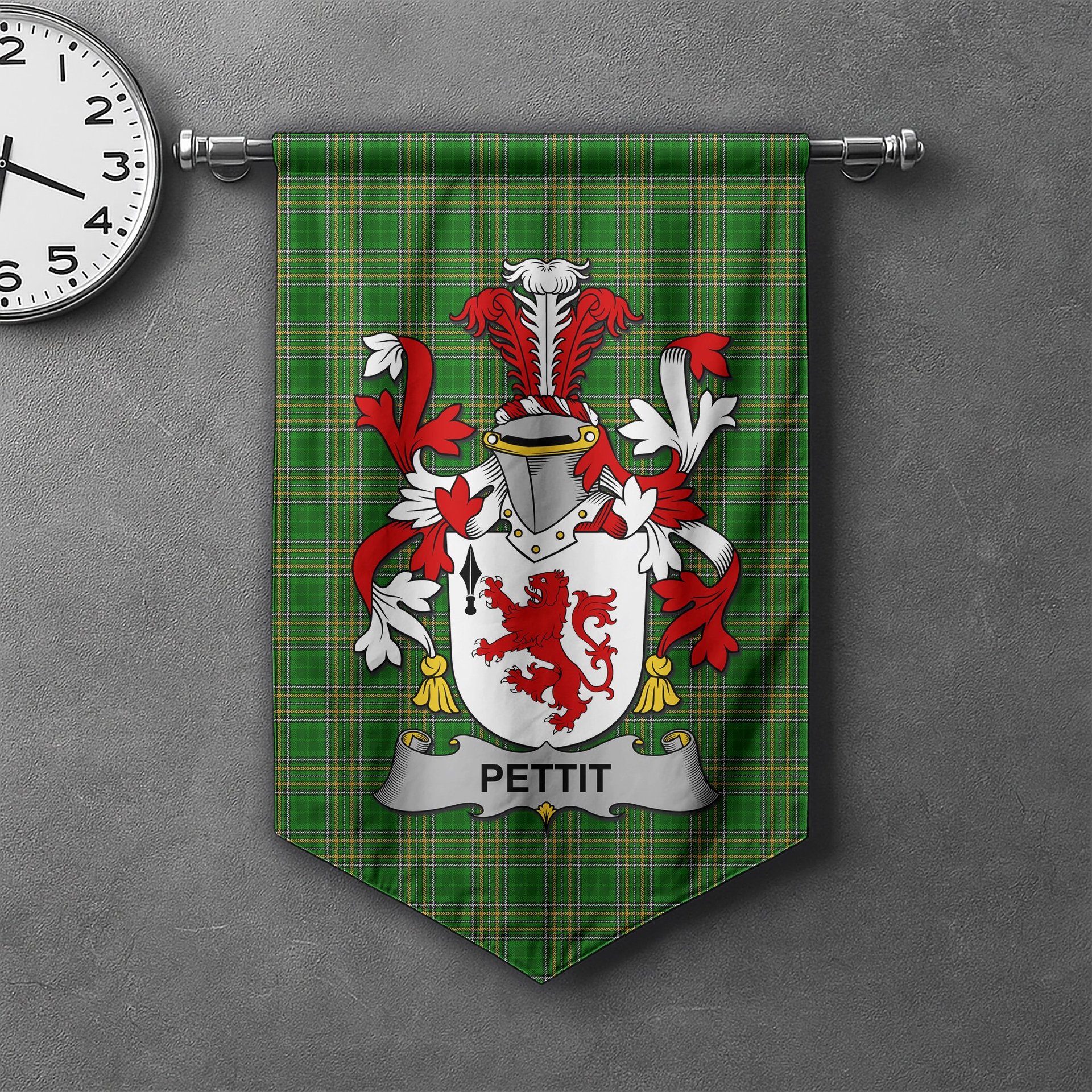ScotsTee Shop Irish Pettit Clan Coat of Arms Irish Tartan Gonfalon Flag