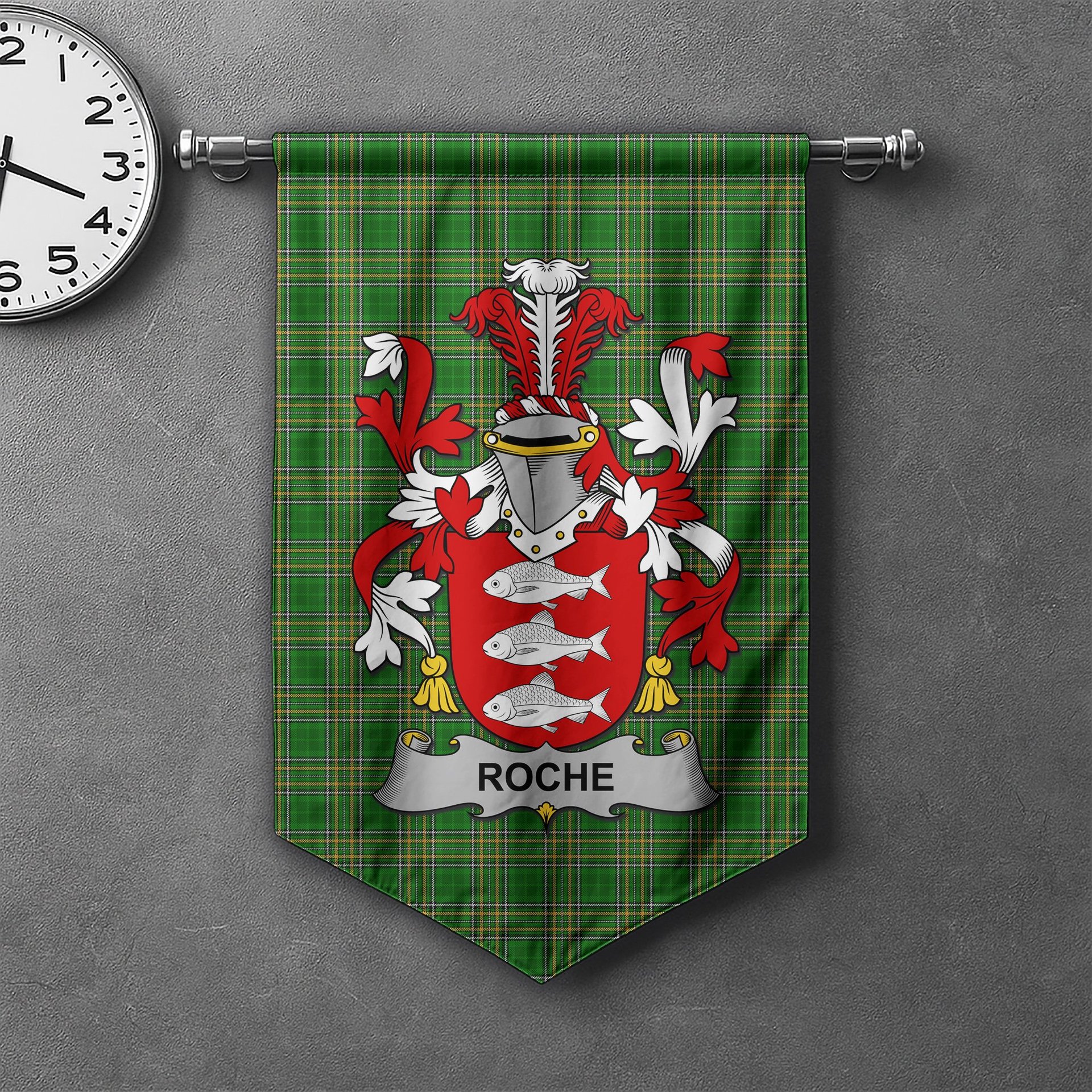 ScotsTee Shop Irish Roche Clan Coat of Arms Irish Tartan Gonfalon Flag