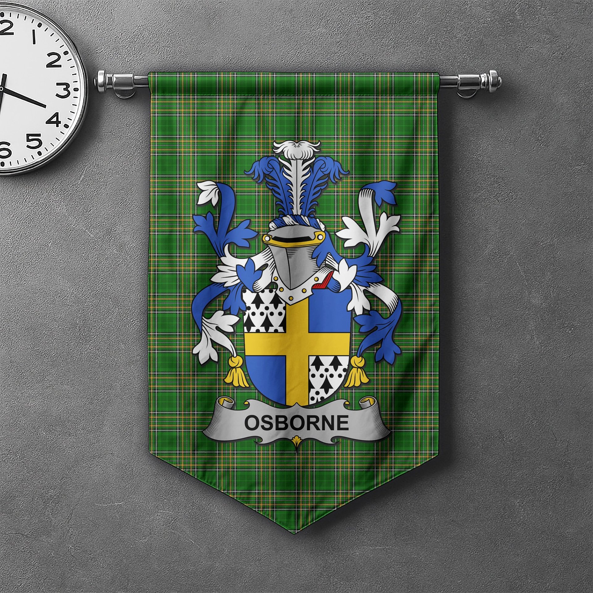 ScotsTee Shop Irish Osborne Clan Coat of Arms Irish Tartan Gonfalon Flag