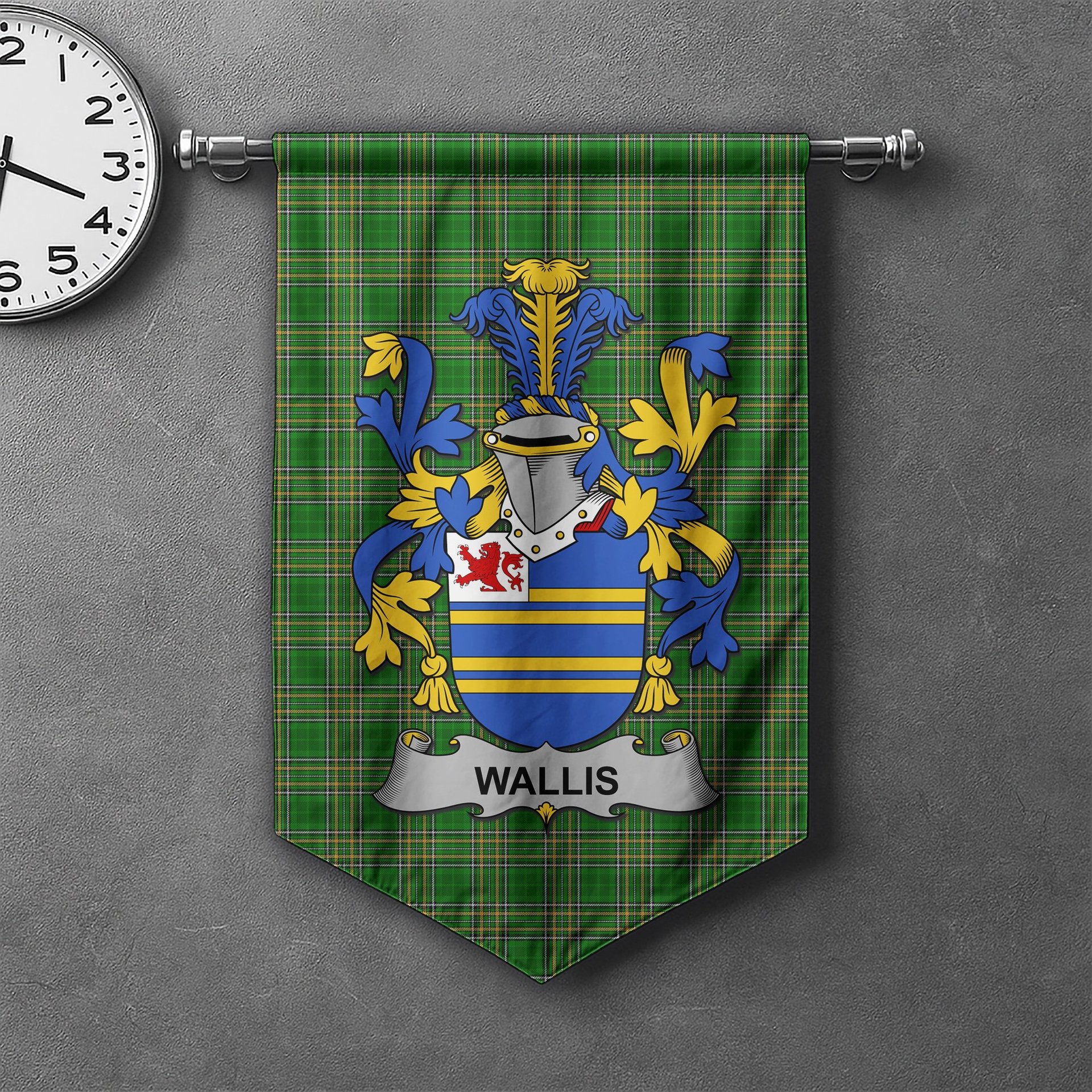 ScotsTee Shop Irish Wallis Clan Coat of Arms Irish Tartan Gonfalon Flag