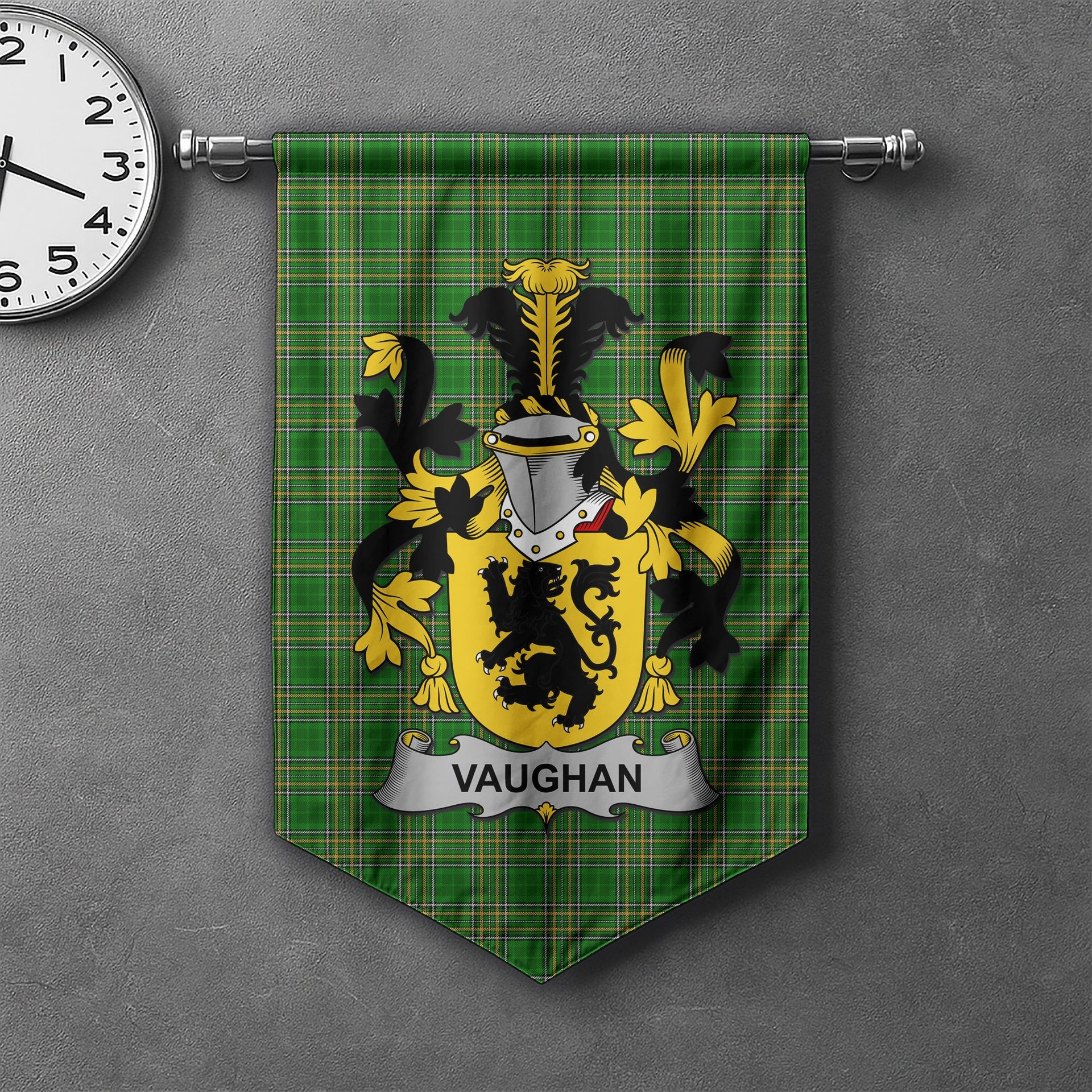 ScotsTee Shop Irish Vaughan Clan Coat of Arms Irish Tartan Gonfalon Flag