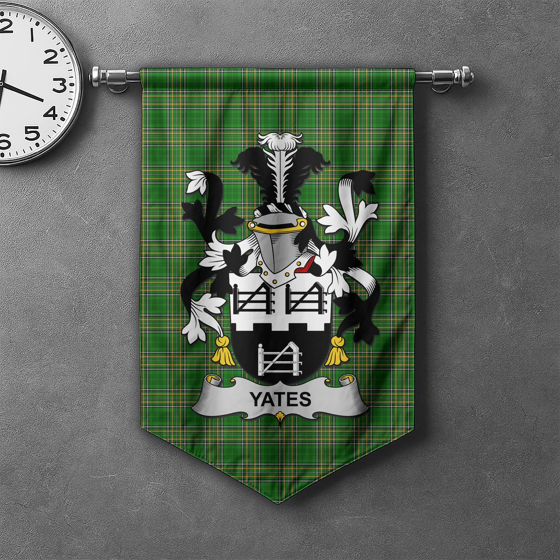 ScotsTee Shop Irish Yeates Clan Coat of Arms Irish Tartan Gonfalon Flag