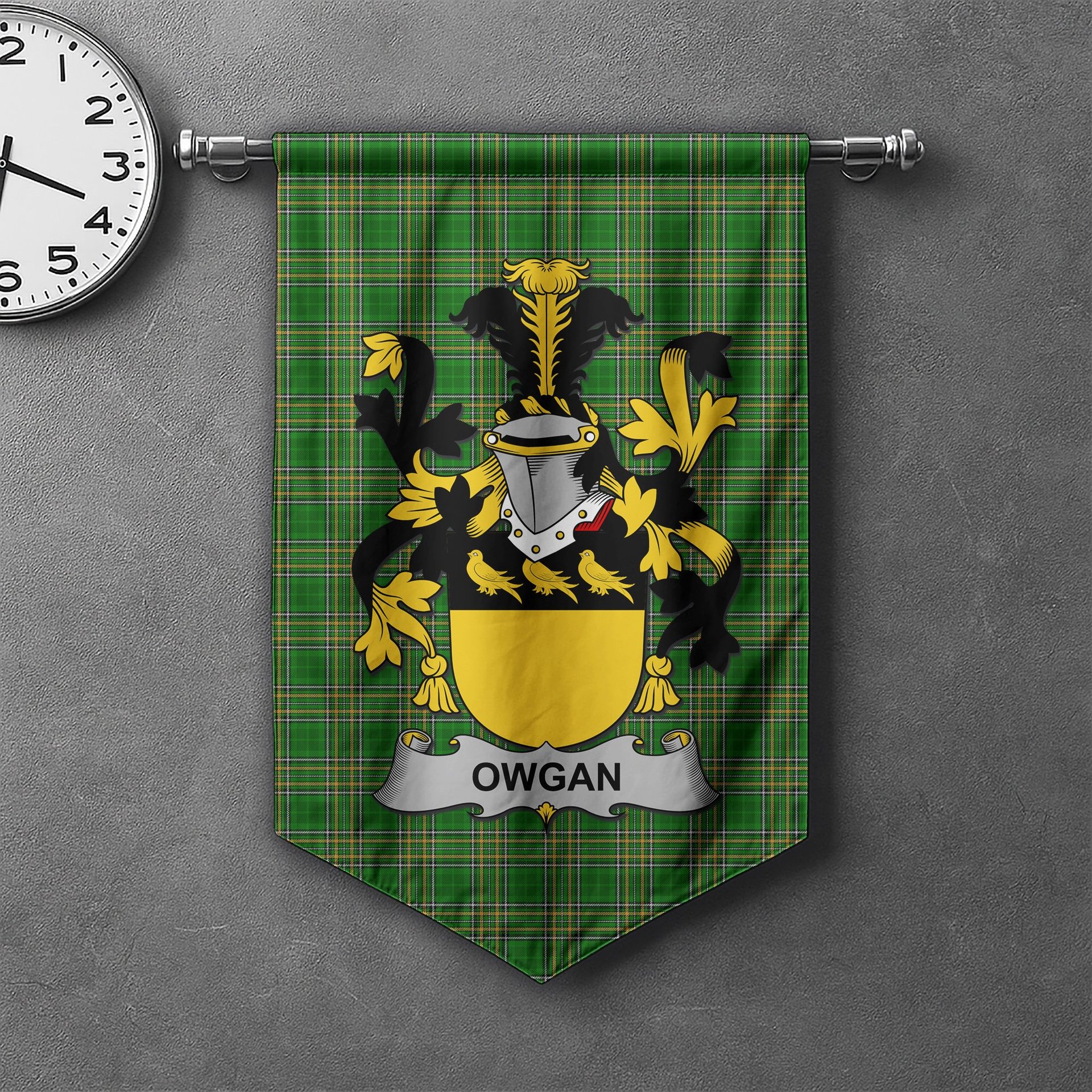 ScotsTee Shop Irish Owgan Clan Coat of Arms Irish Tartan Gonfalon Flag