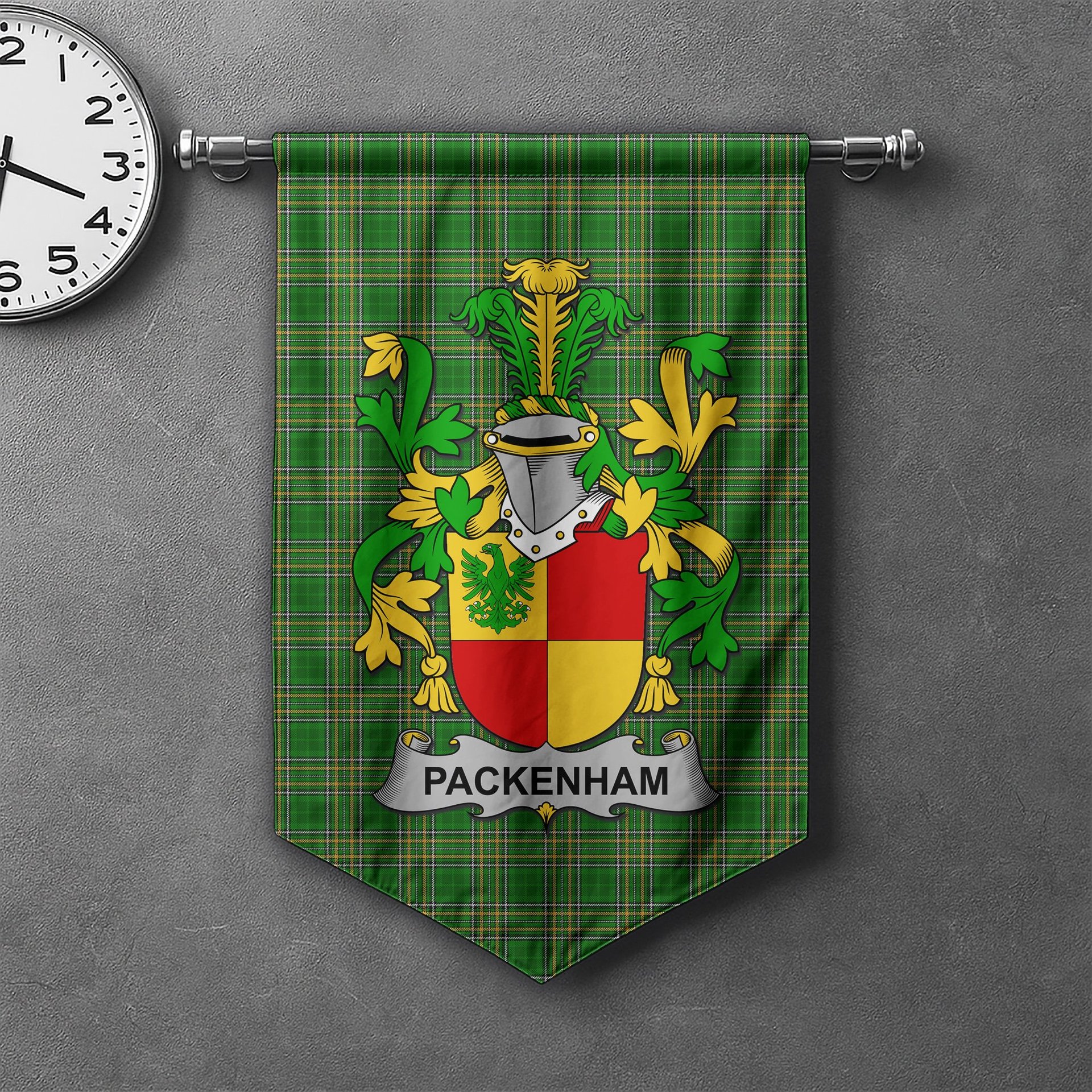ScotsTee Shop Irish Packenham Clan Coat of Arms Irish Tartan Gonfalon Flag