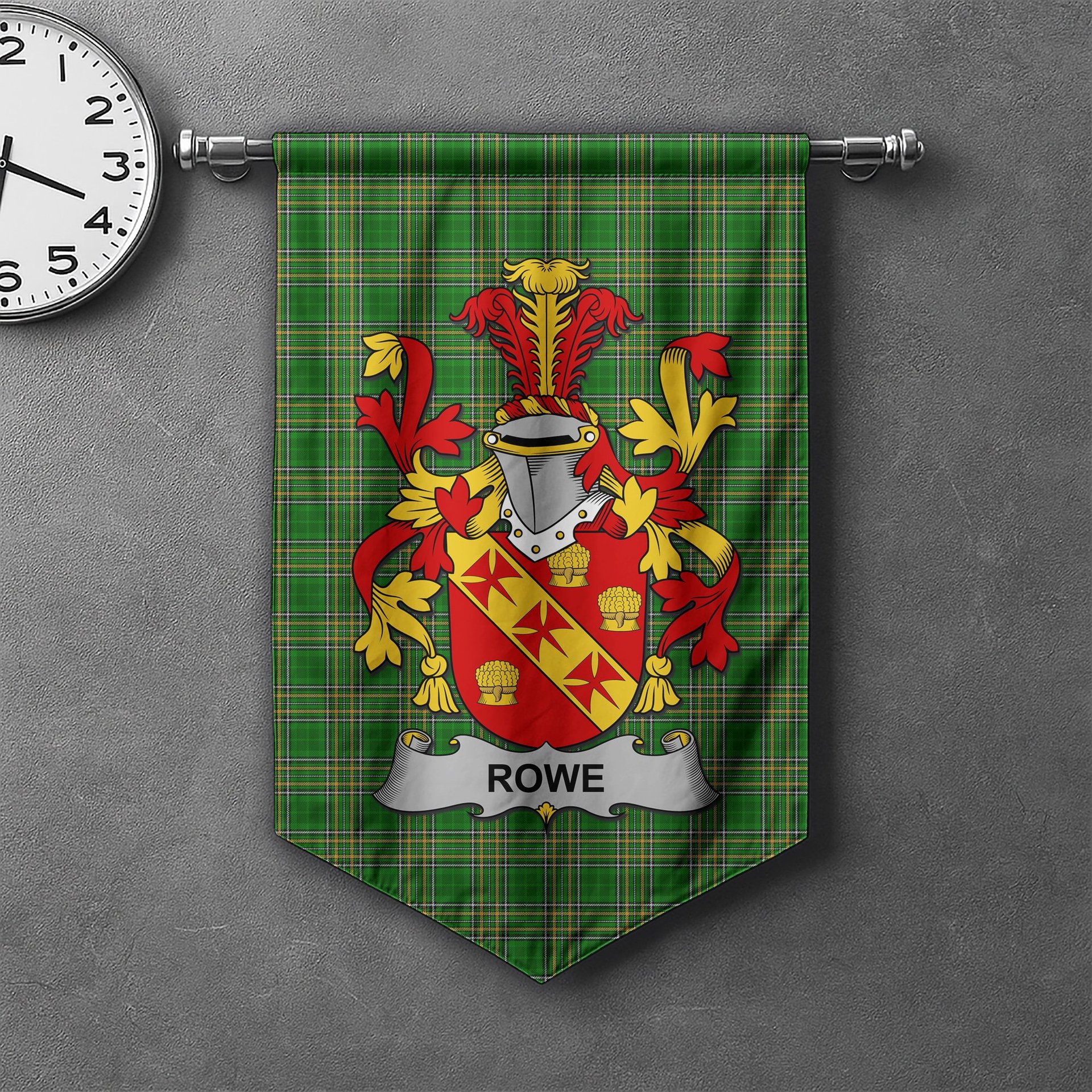 ScotsTee Shop Irish Rowe Clan Coat of Arms Irish Tartan Gonfalon Flag