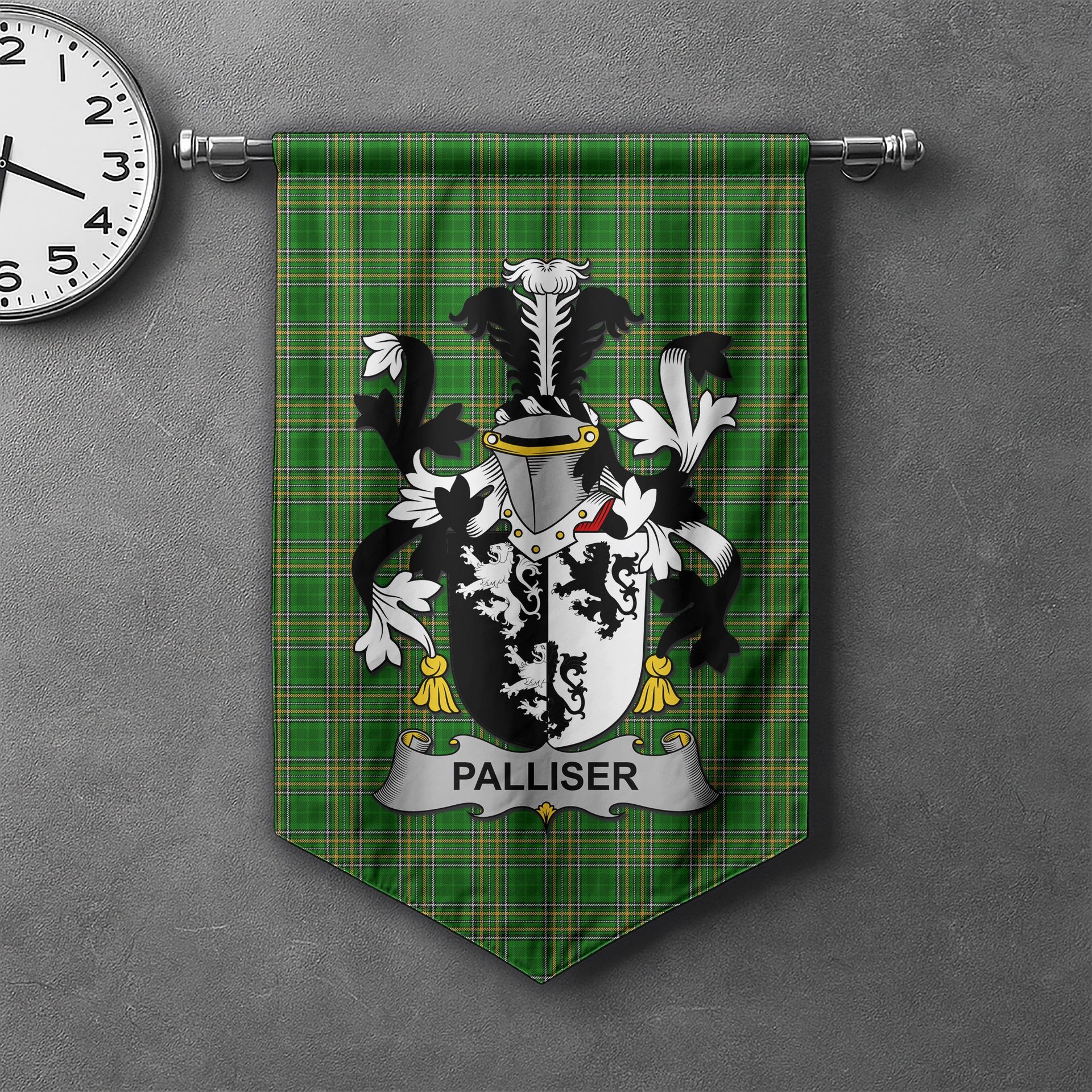 ScotsTee Shop Irish Palliser Clan Coat of Arms Irish Tartan Gonfalon Flag