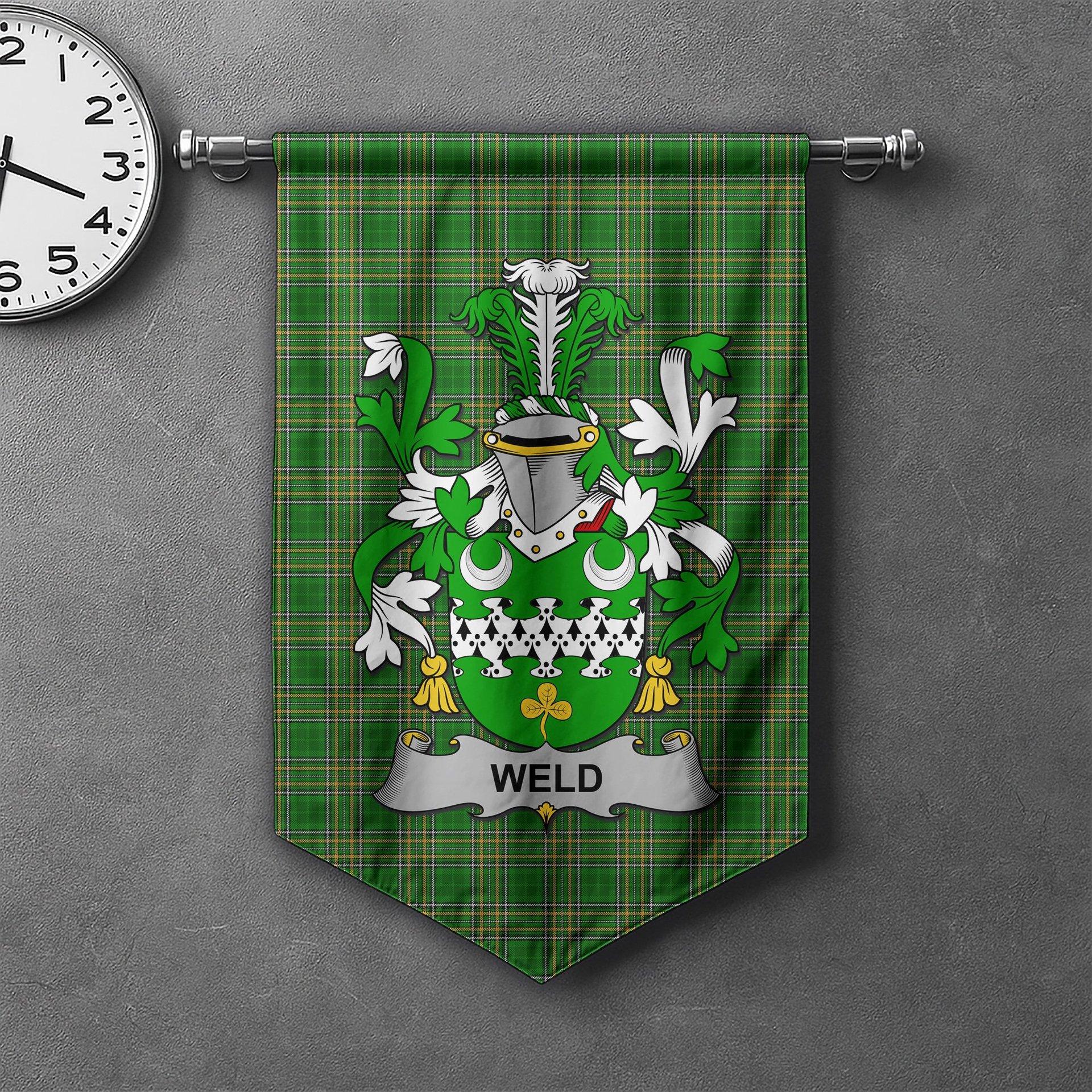 ScotsTee Shop Irish Weld Clan Coat of Arms Irish Tartan Gonfalon Flag