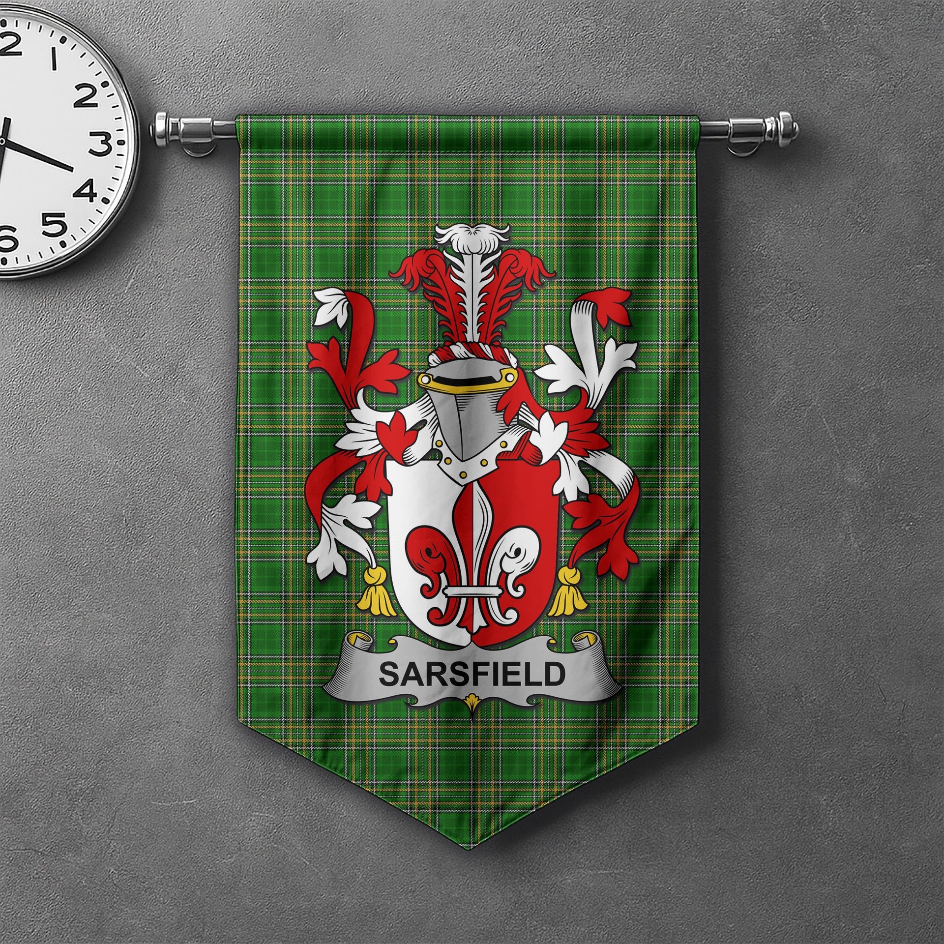 ScotsTee Shop Irish Sarsfield Clan Coat of Arms Irish Tartan Gonfalon Flag