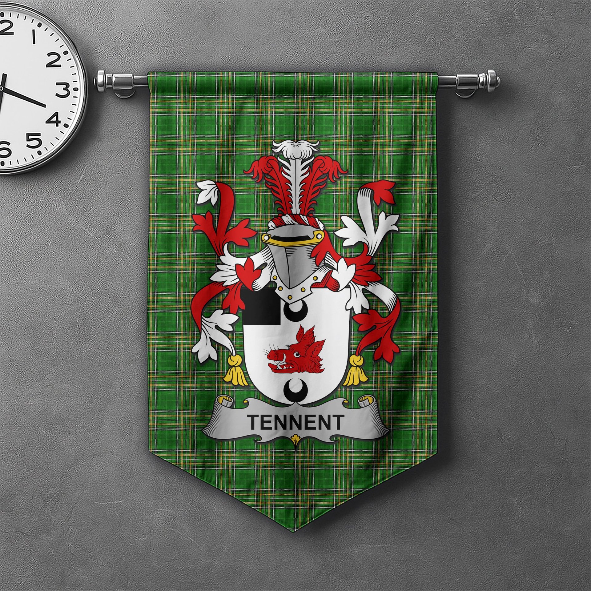 ScotsTee Shop Irish Tennent Clan Coat of Arms Irish Tartan Gonfalon Flag