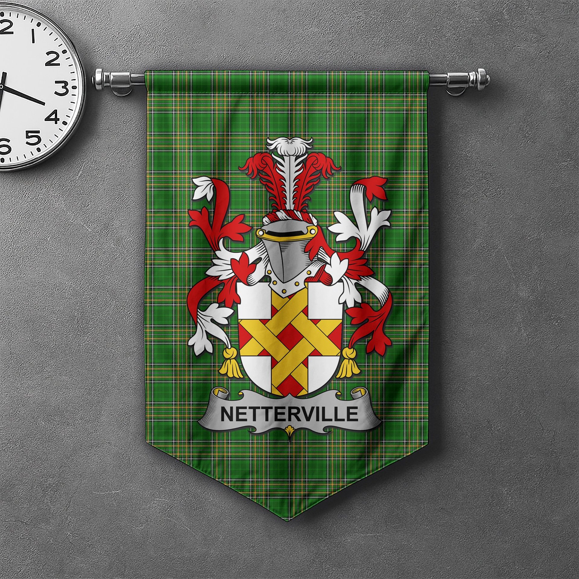 ScotsTee Shop Irish Netterville or Netterfield Clan Coat of Arms Irish Tartan Gonfalon Flag