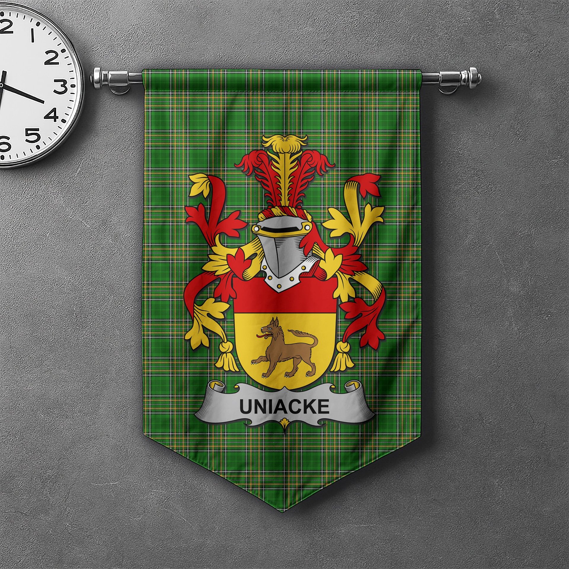 ScotsTee Shop Irish Uniacke Clan Coat of Arms Irish Tartan Gonfalon Flag