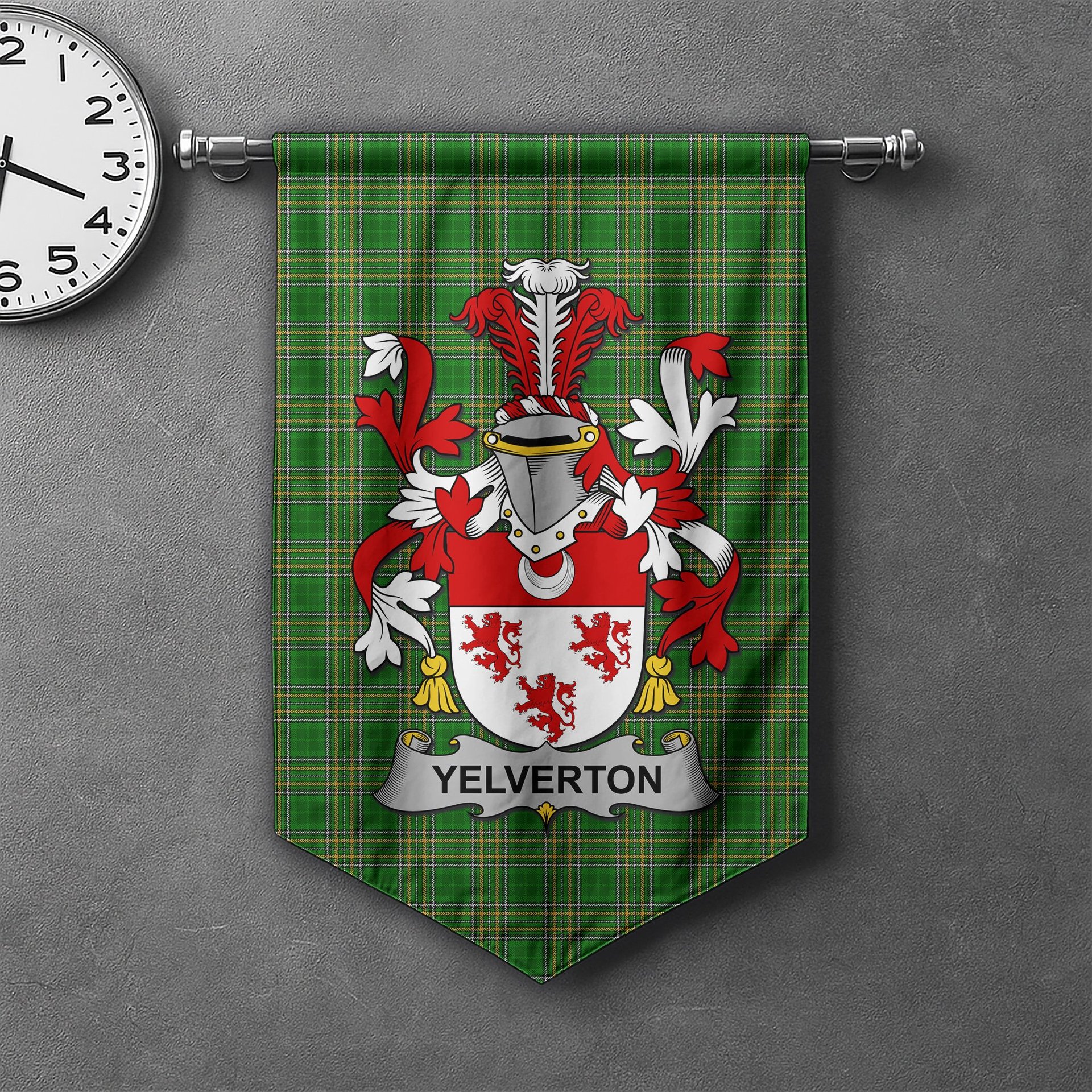 ScotsTee Shop Irish Yelverton Clan Coat of Arms Irish Tartan Gonfalon Flag