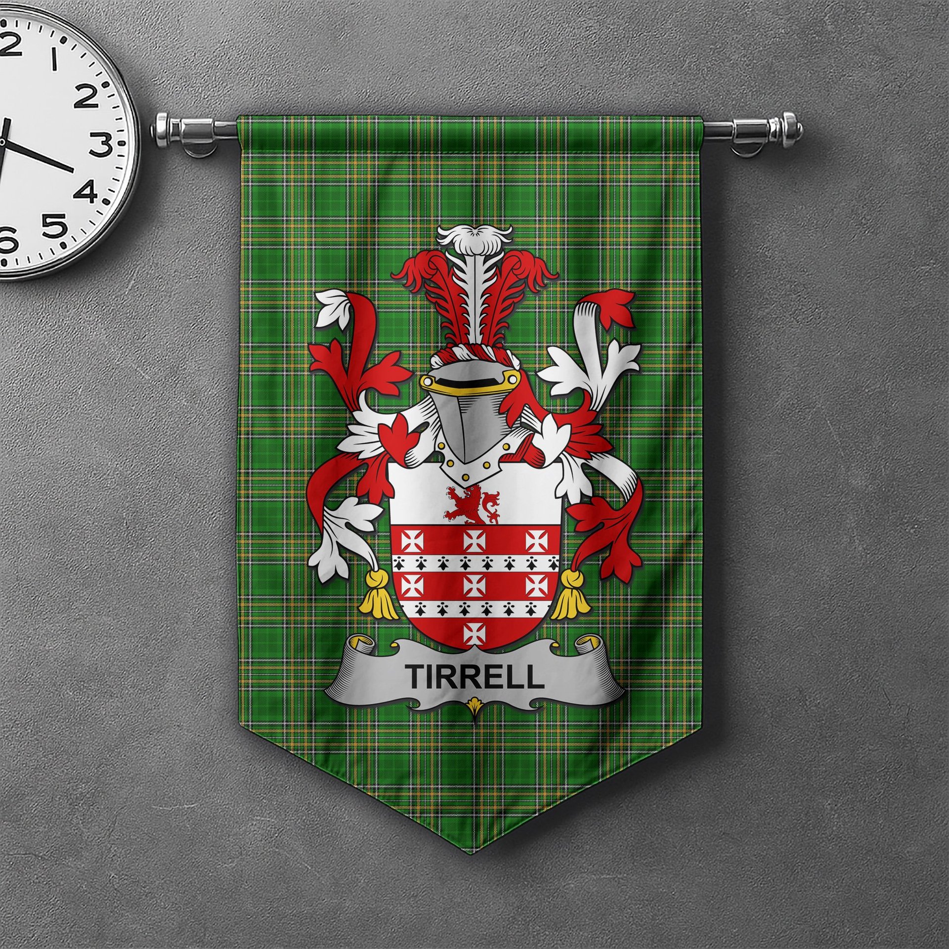 ScotsTee Shop Irish Tirrell Clan Coat of Arms Irish Tartan Gonfalon Flag