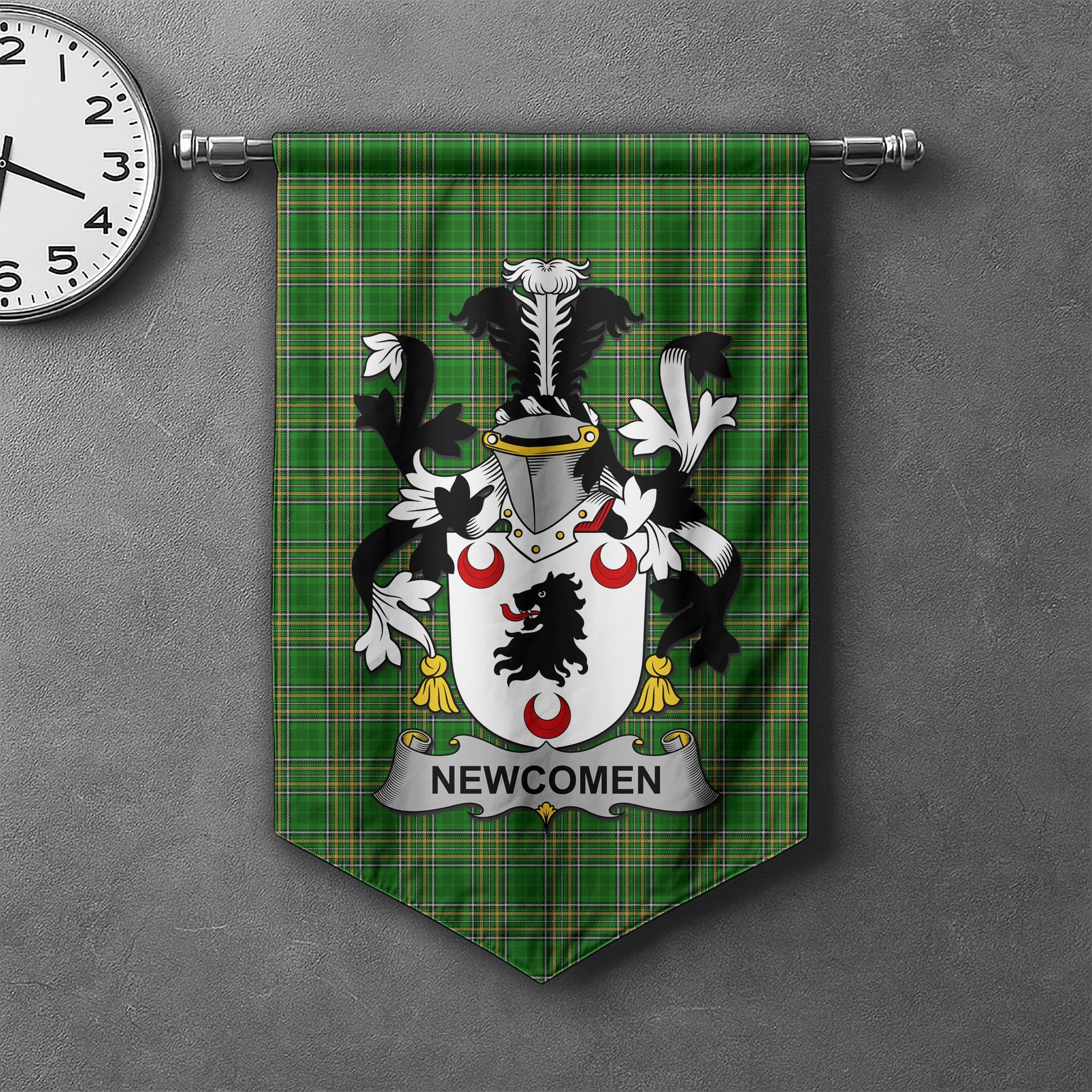 ScotsTee Shop Irish Newcomen or Newcombe Clan Coat of Arms Irish Tartan Gonfalon Flag