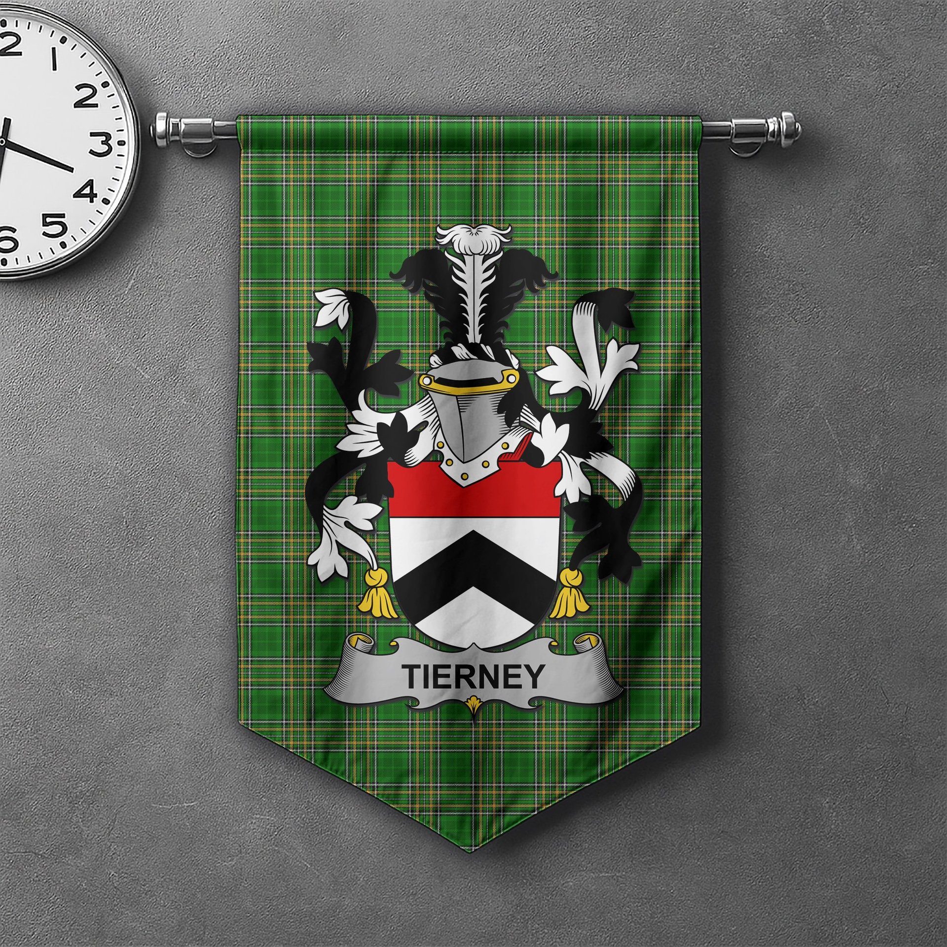ScotsTee Shop Irish Tierney Clan Coat of Arms Irish Tartan Gonfalon Flag
