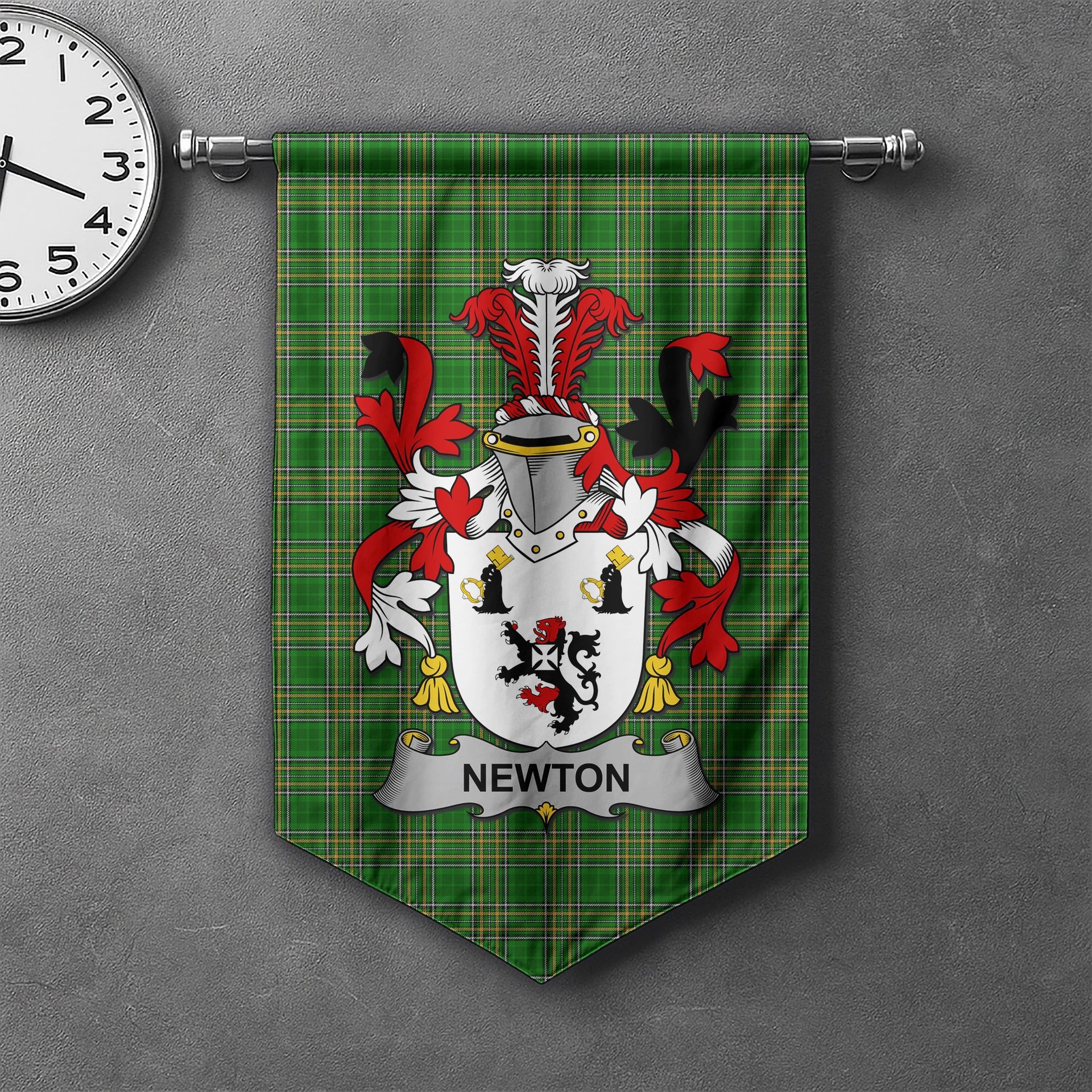 ScotsTee Shop Irish Newton Clan Coat of Arms Irish Tartan Gonfalon Flag