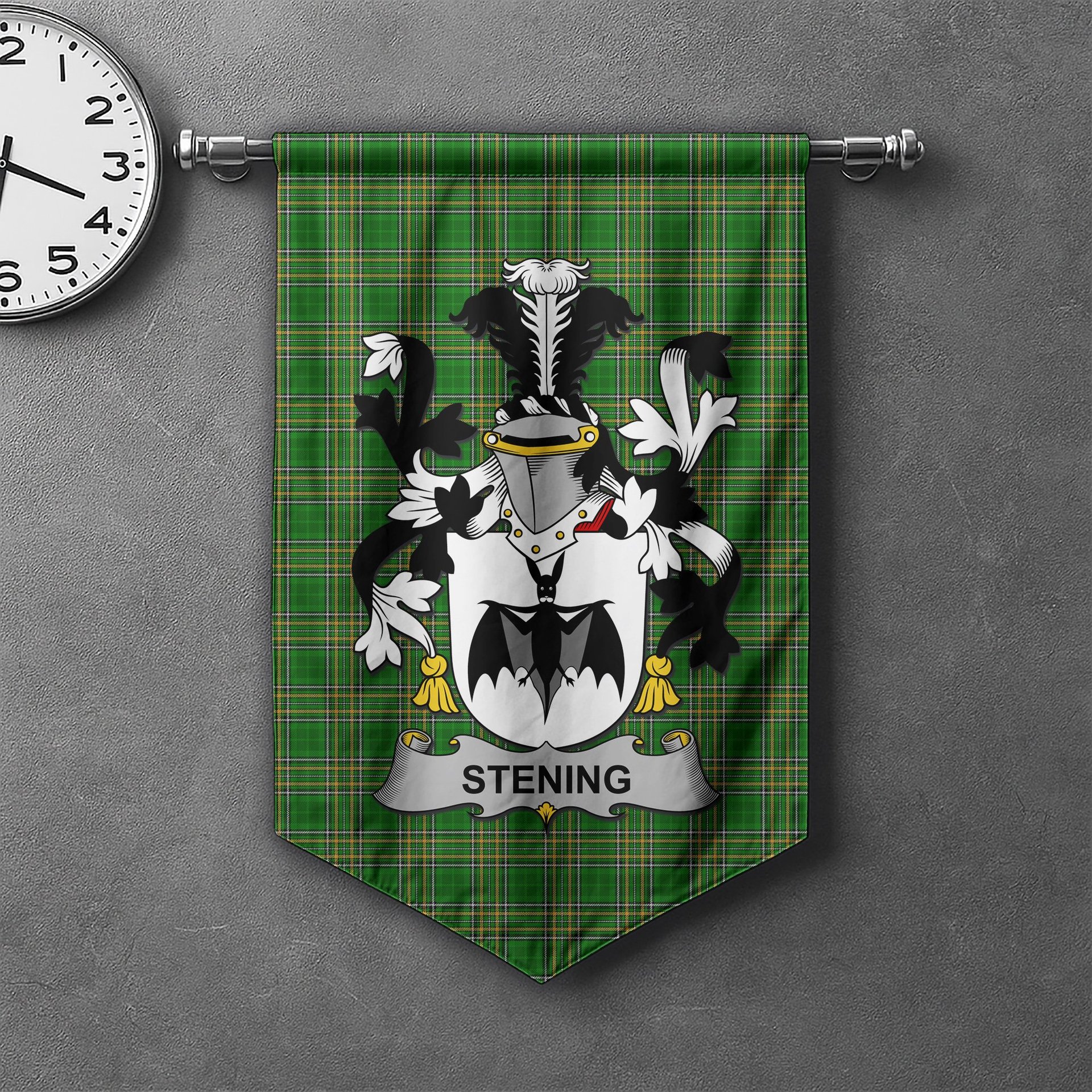 ScotsTee Shop Irish Stening Clan Coat of Arms Irish Tartan Gonfalon Flag
