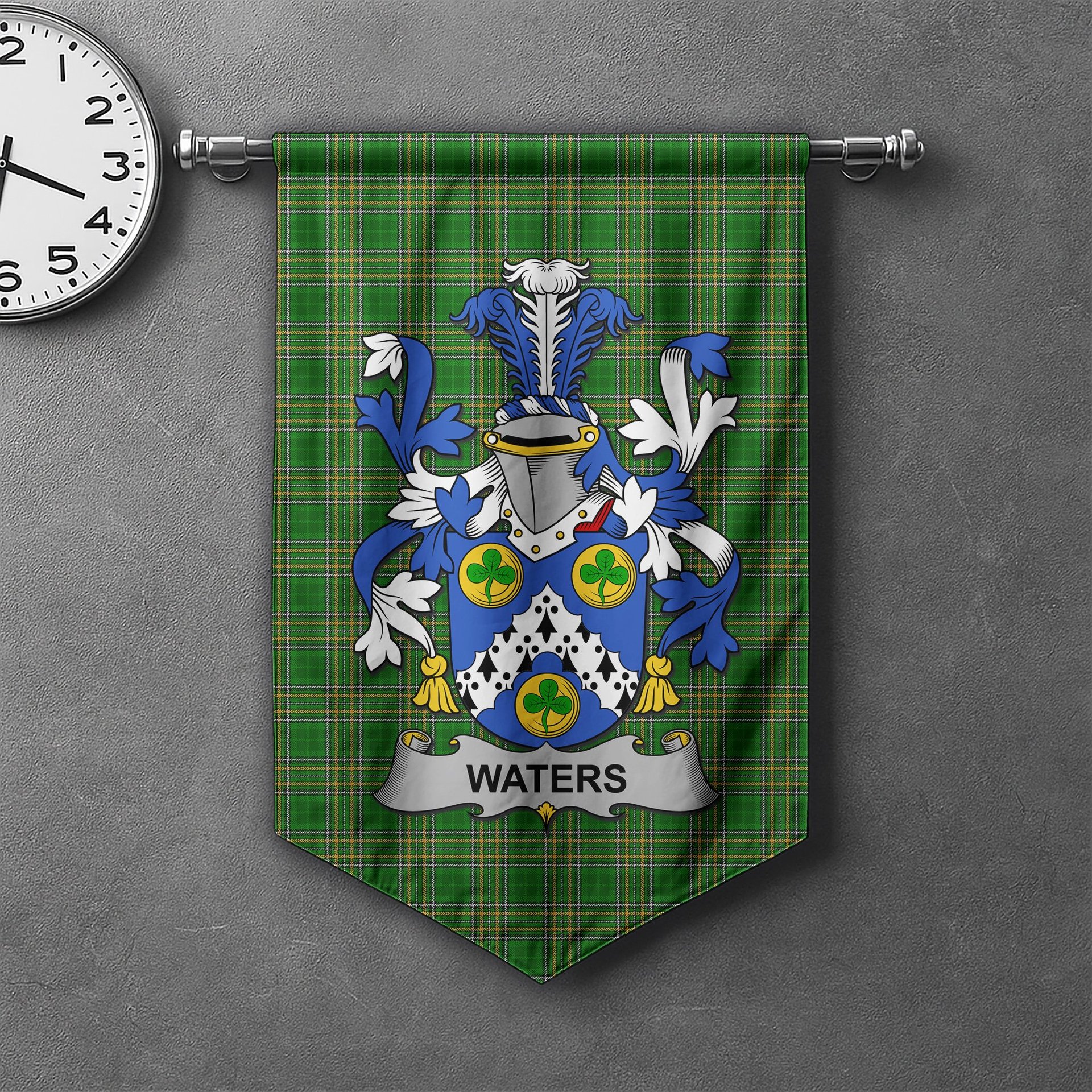 ScotsTee Shop Irish Waters Clan Coat of Arms Irish Tartan Gonfalon Flag
