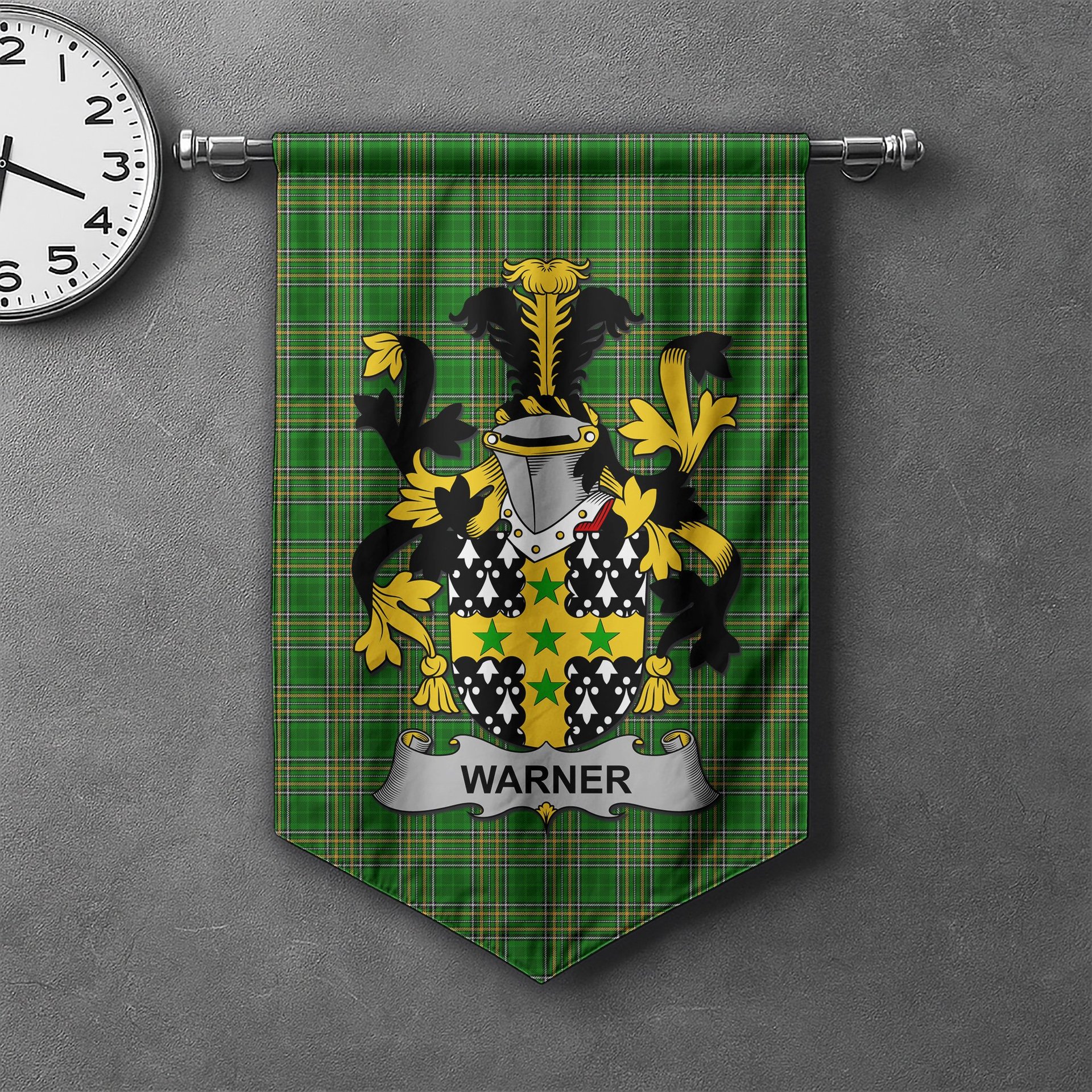 ScotsTee Shop Irish Warner Clan Coat of Arms Irish Tartan Gonfalon Flag