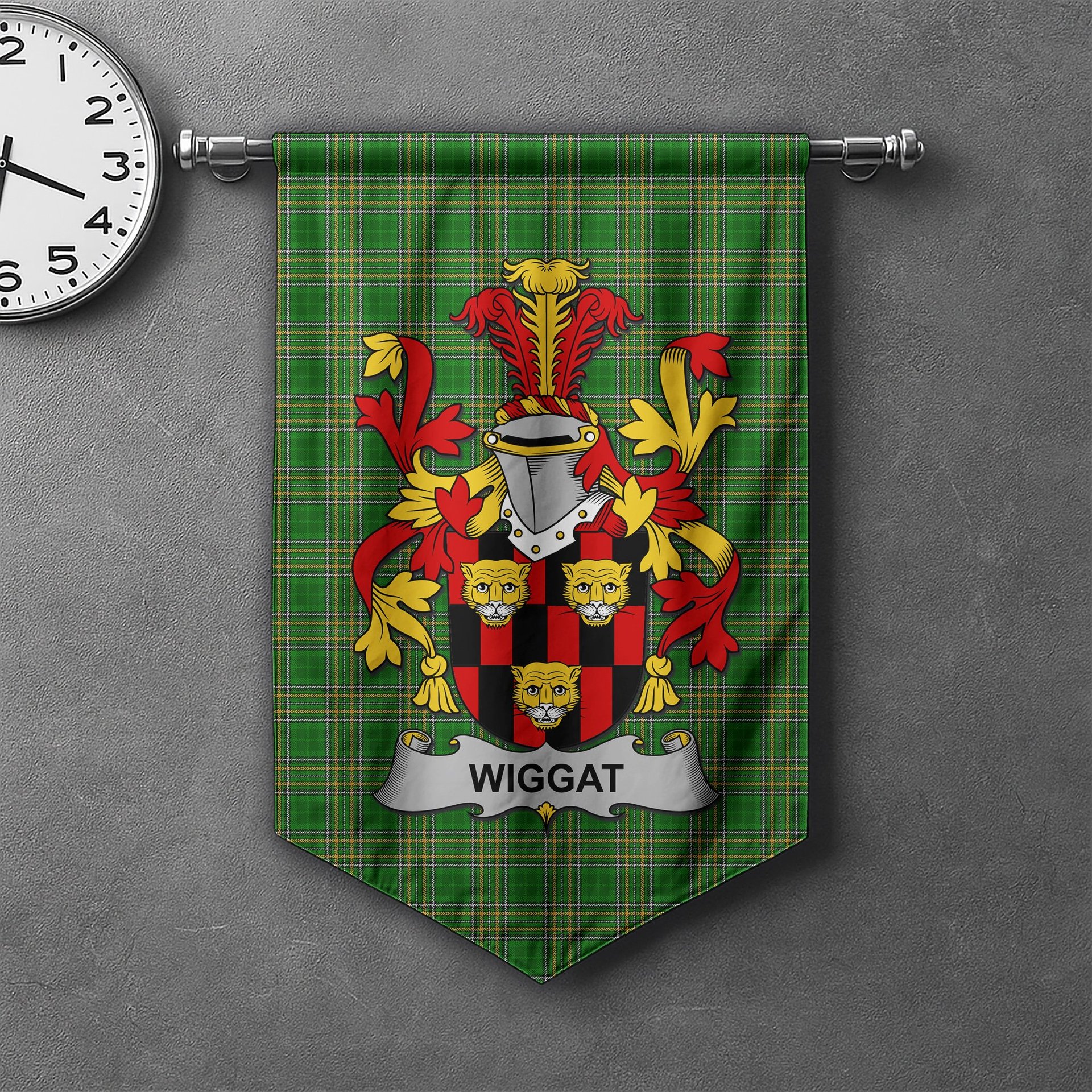 ScotsTee Shop Irish Wiggat Clan Coat of Arms Irish Tartan Gonfalon Flag