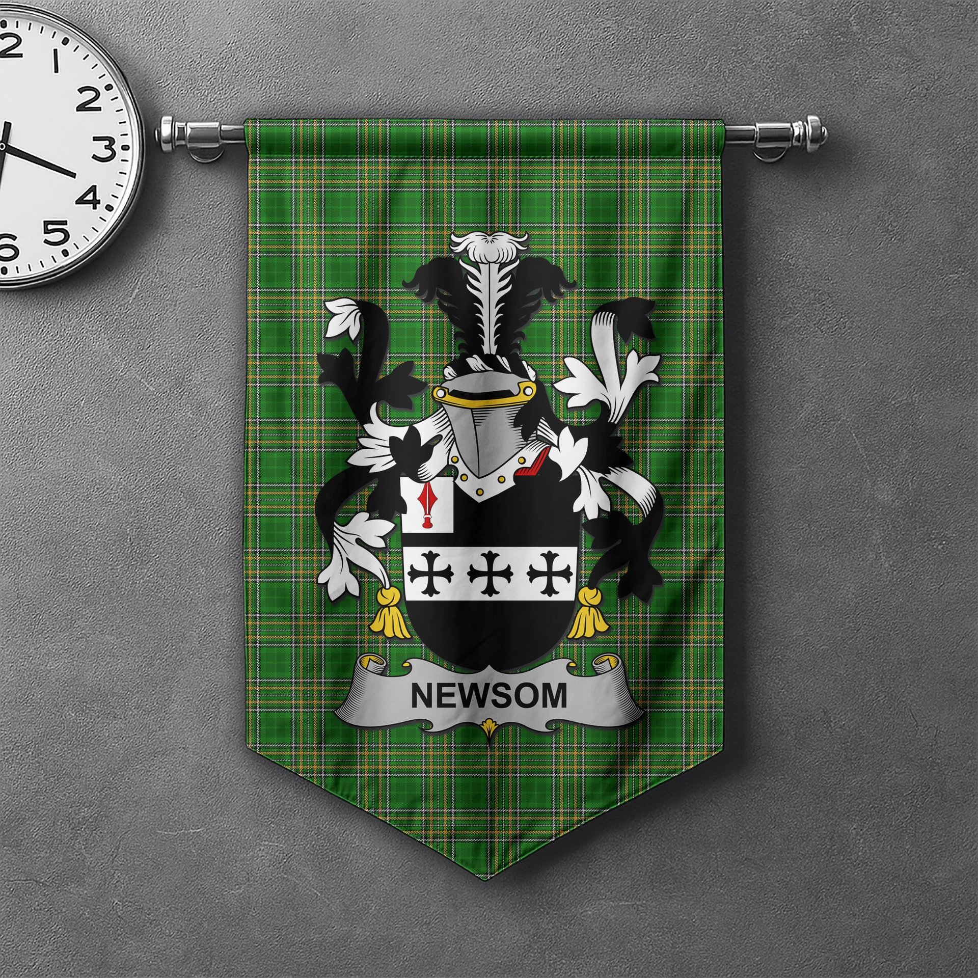 ScotsTee Shop Irish Newsom or Newsam Clan Coat of Arms Irish Tartan Gonfalon Flag
