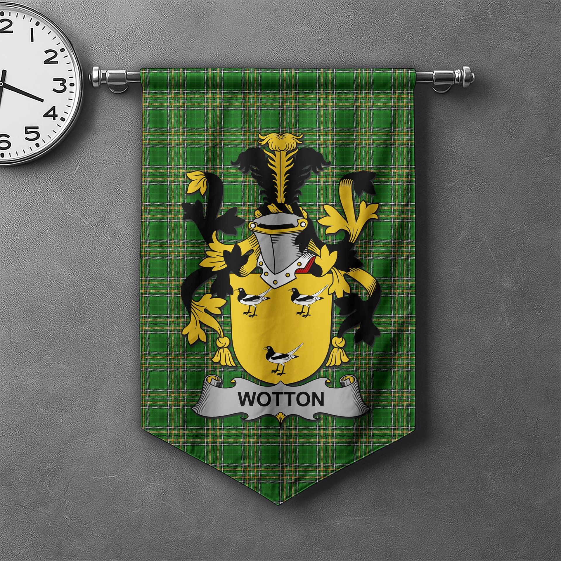 ScotsTee Shop Irish Wotton Clan Coat of Arms Irish Tartan Gonfalon Flag