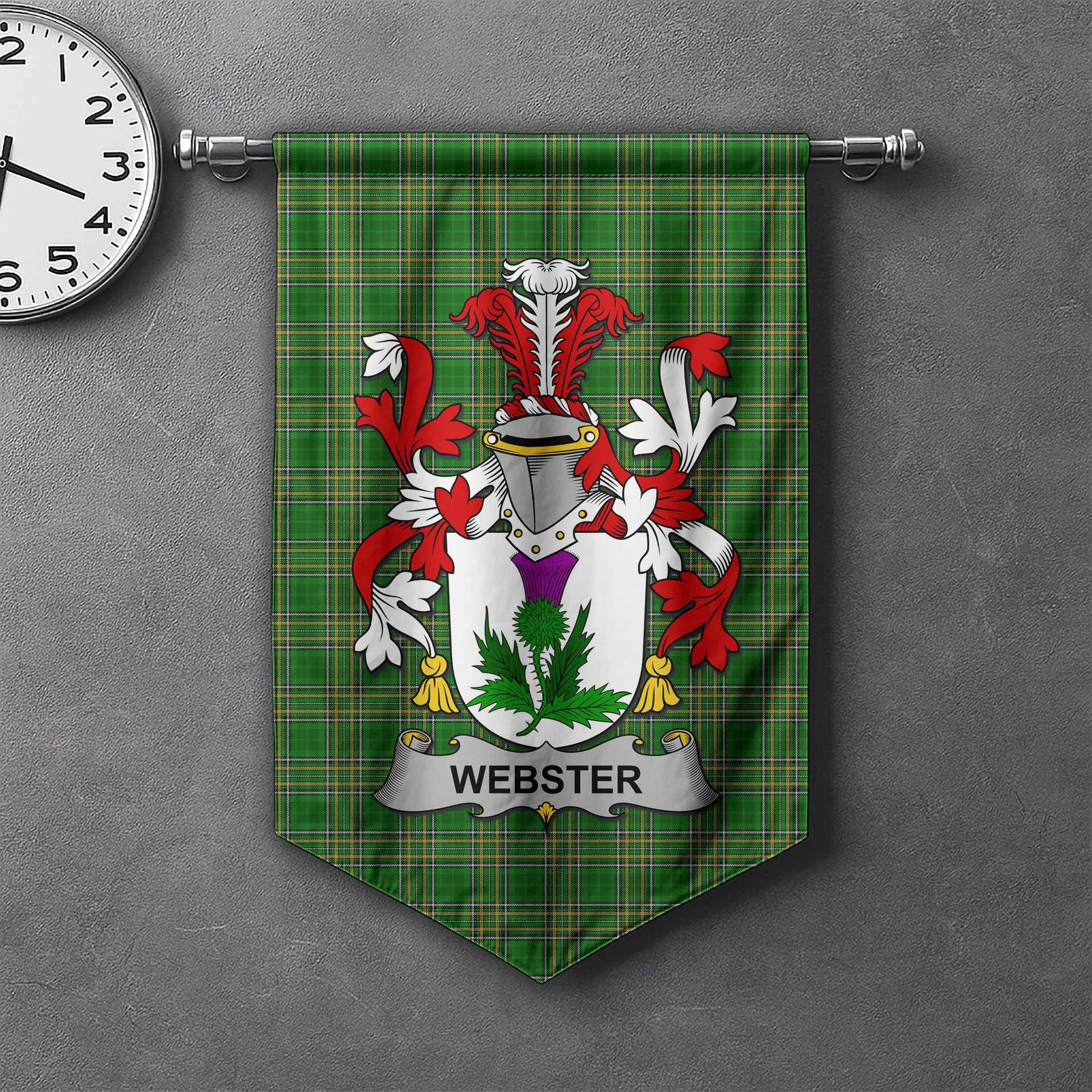 ScotsTee Shop Irish Webster Clan Coat of Arms Irish Tartan Gonfalon Flag
