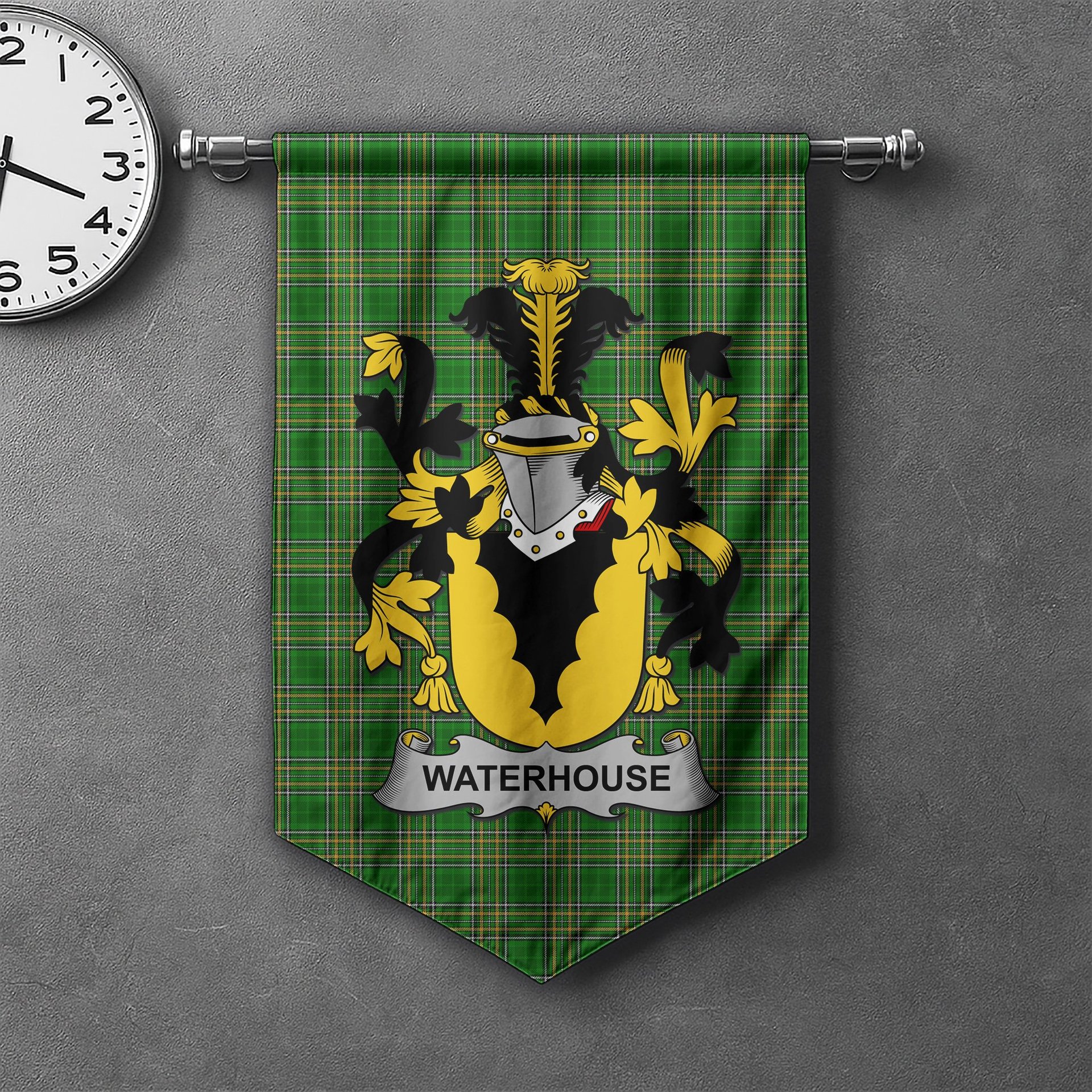 ScotsTee Shop Irish Waterhouse Clan Coat of Arms Irish Tartan Gonfalon Flag