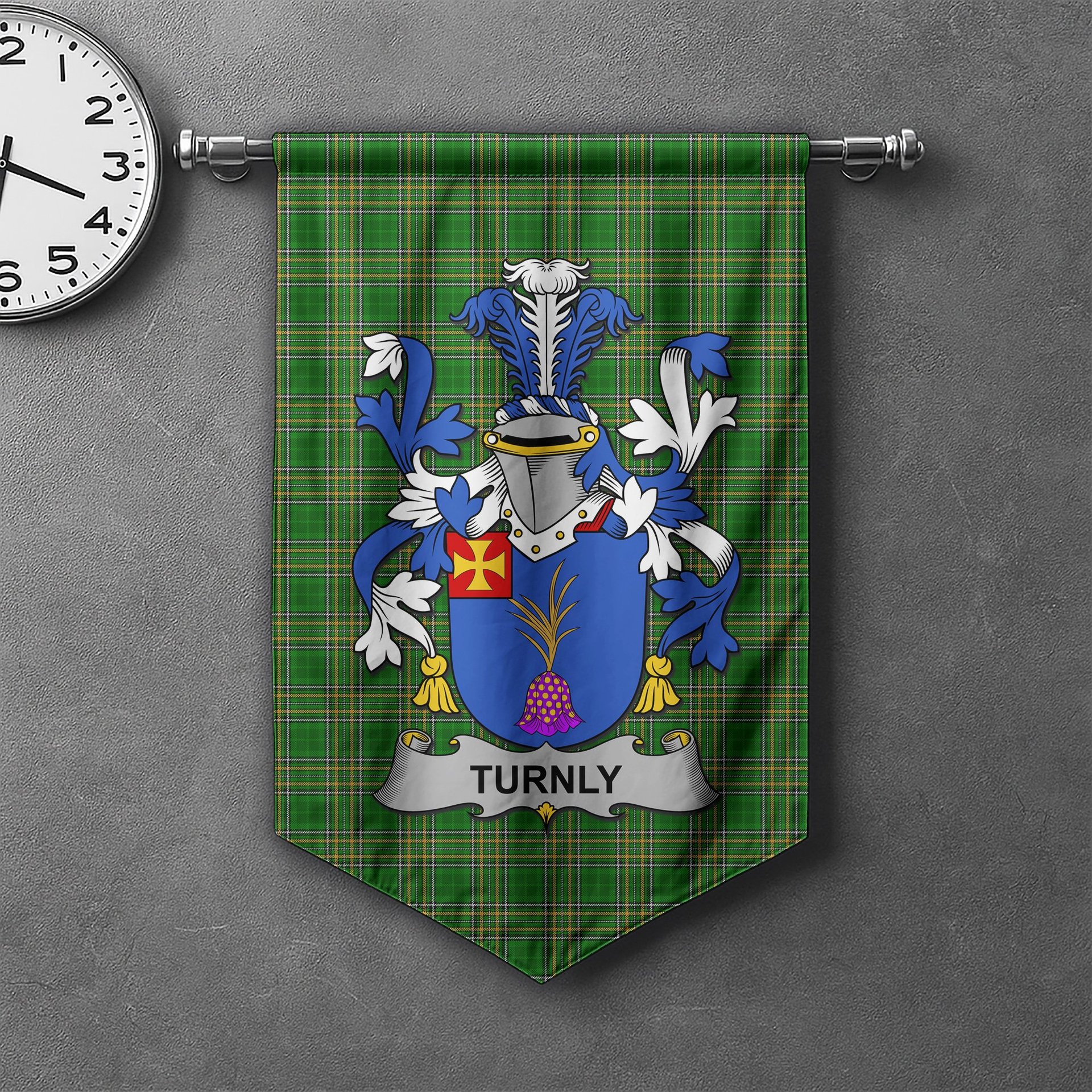 ScotsTee Shop Irish Turnly or Turnley Clan Coat of Arms Irish Tartan Gonfalon Flag